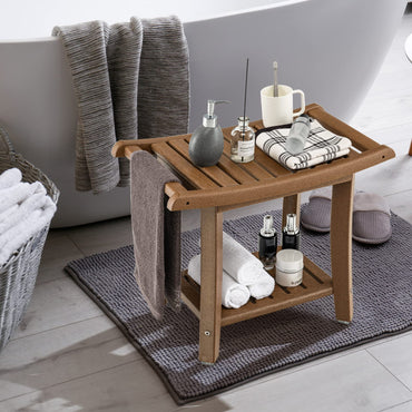 2-Tier Slatted Spa Bath Stool with Storage Shelf & Handles
