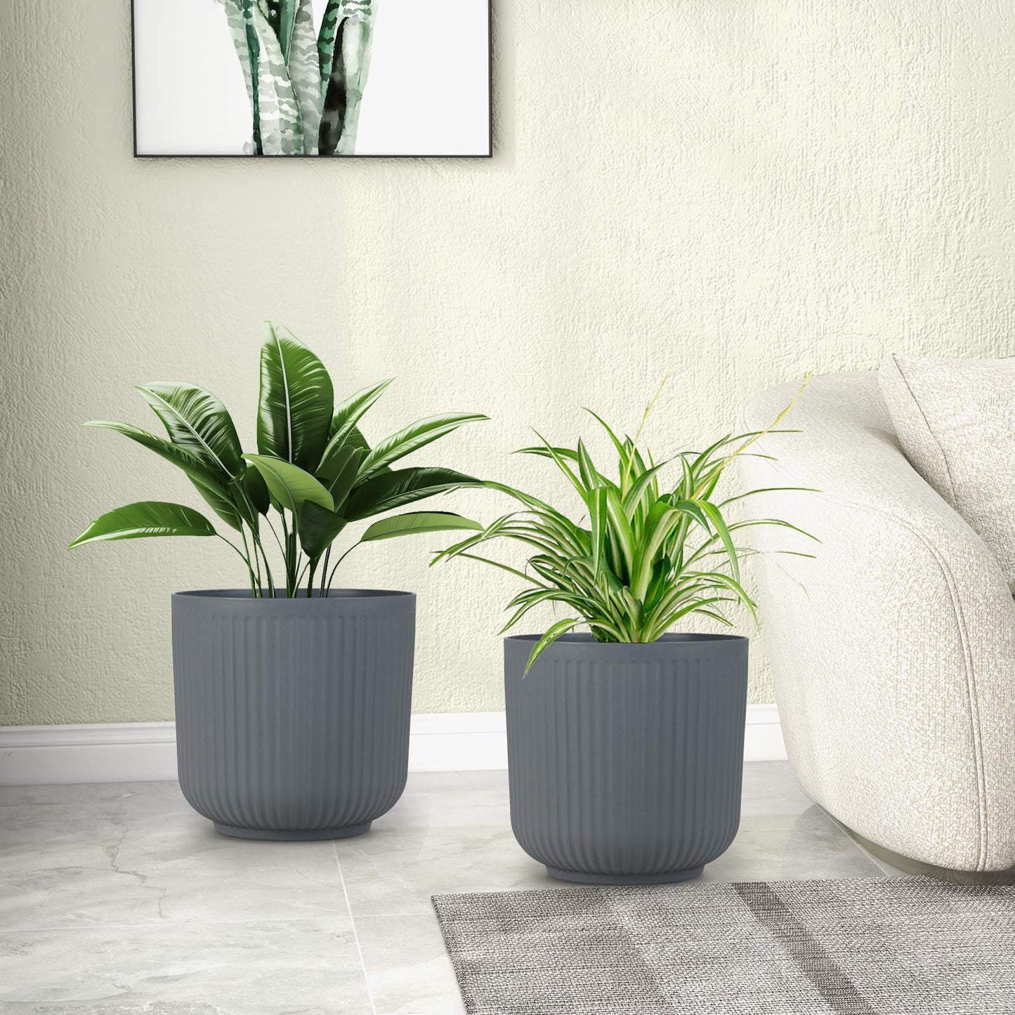 Giantex 2 Pack Round Plastic Planters 32cm Striped Flower Pots with Optional Drainage System