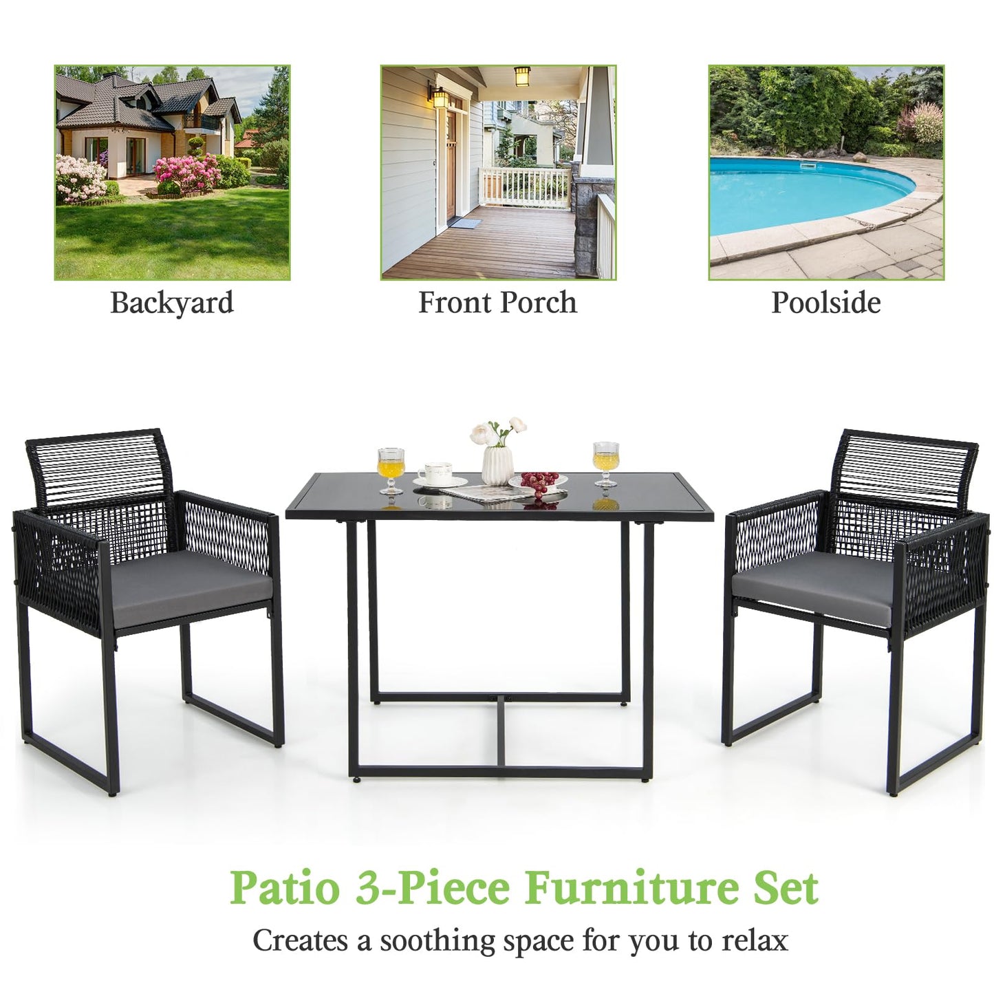 3 Pieces PE Rattan Outdoor Bistro Set with Cushions & Folding Backrests