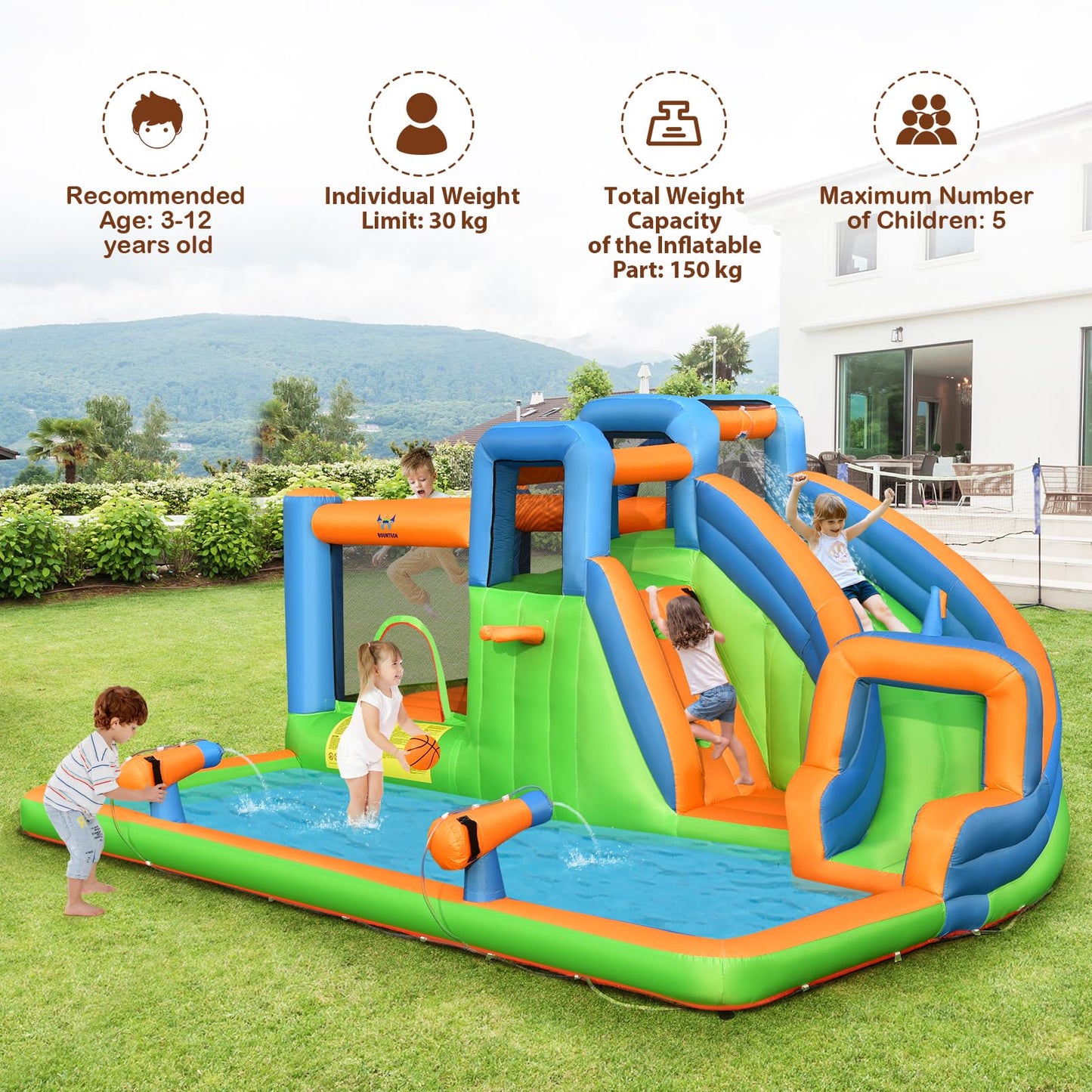 6 in 1 Giant Water Park with Long Slide for Summer Outdoor Play