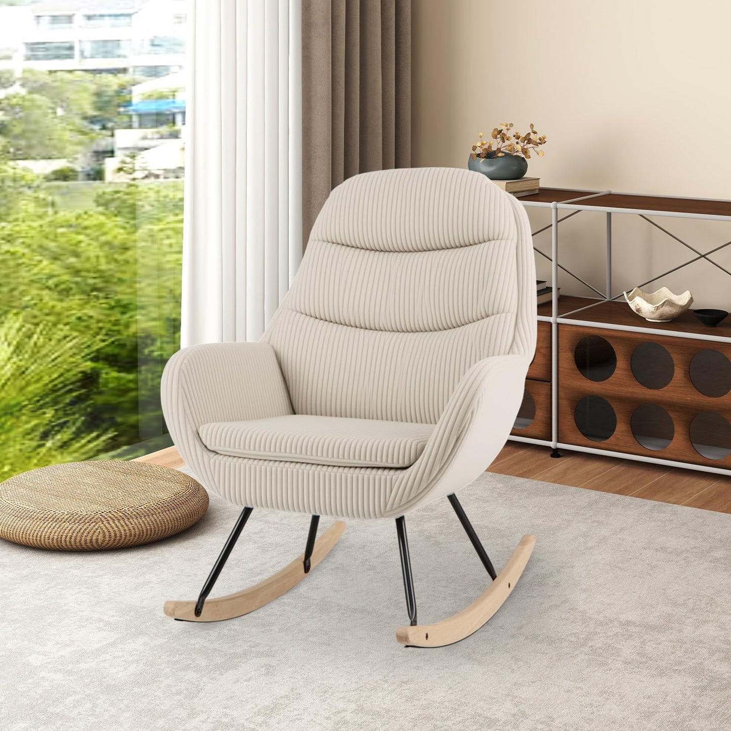 Upholstered Rocking Chair Nursery Glider Rocker with Padded Backrest