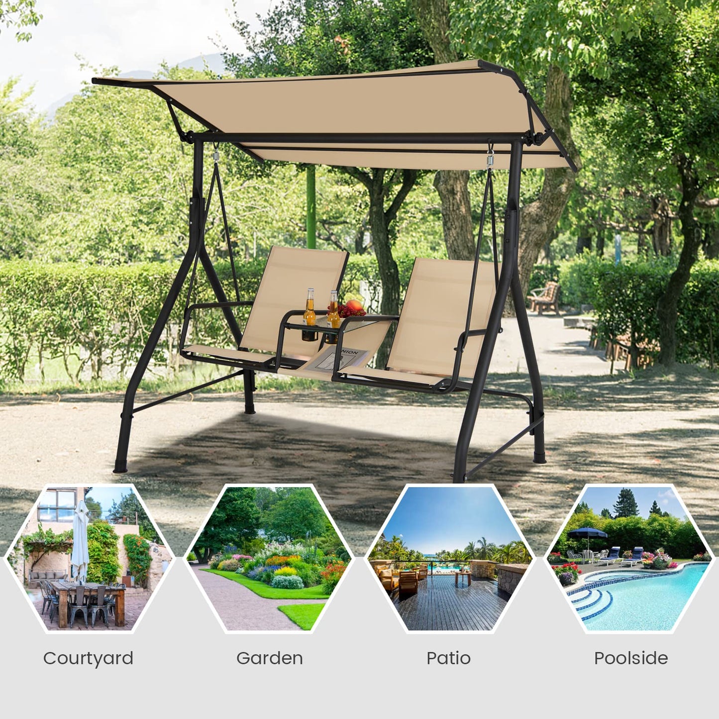 Outdoor Hammock Bench Chair with Adjustable Canopy and Tempered Glass Table
