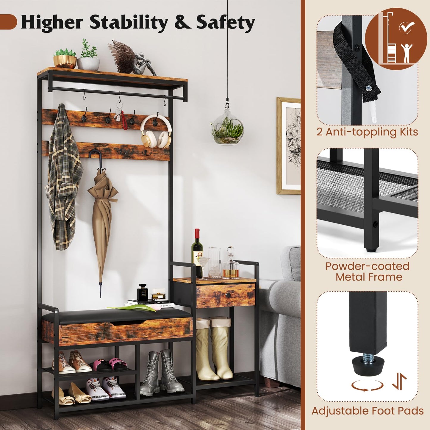 Freestanding Coat Rack with Shoe Rack and Storage Shelf