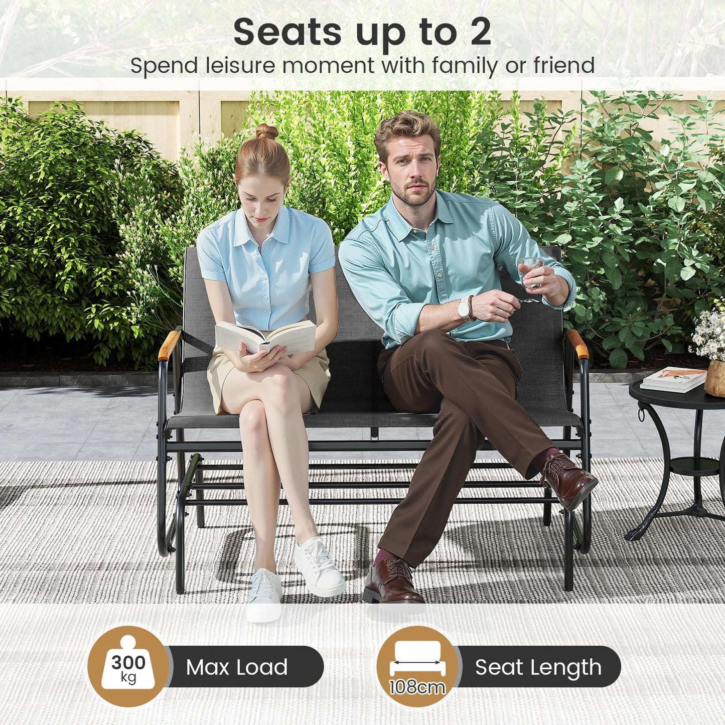 2-Person Outdoor Metal Frame Fabric Glider Bench