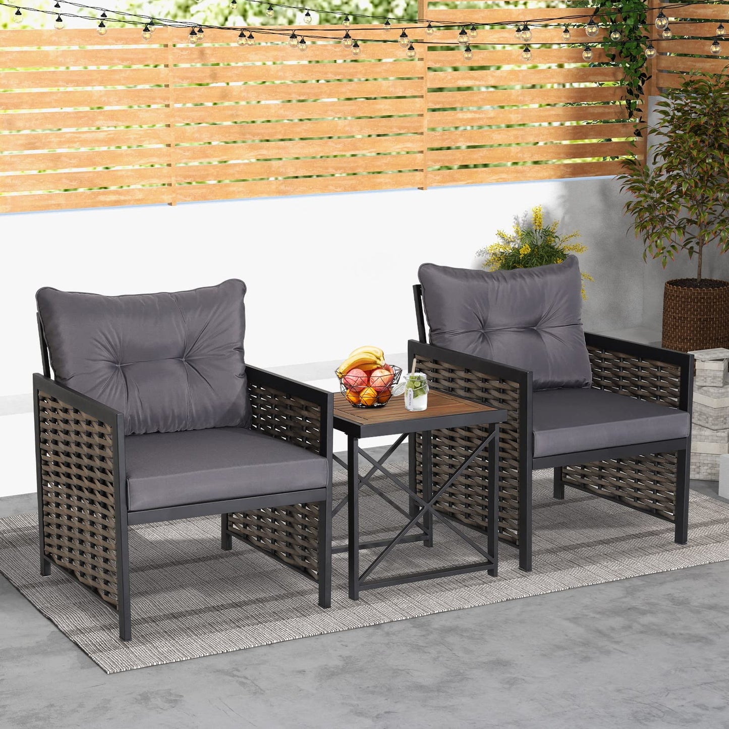 3-Piece Outdoor Coffee Table and Sofas with Acacia Wood Tabletop