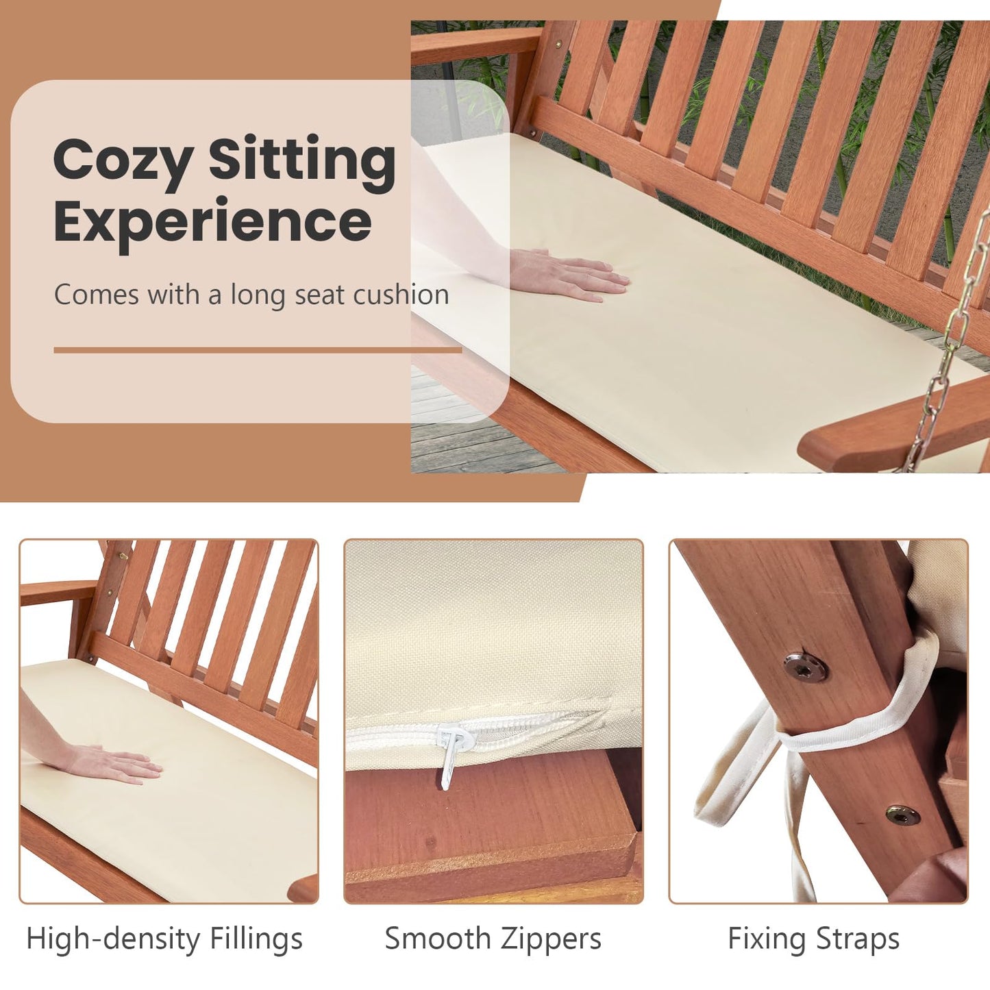 Wood Porch Swing with Canopy, A Frame and Soft Seat Cushions