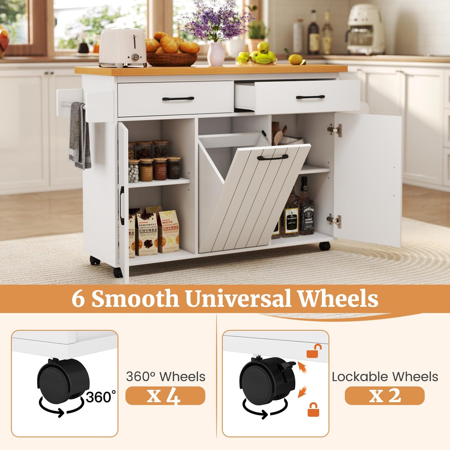 Mobile Kitchen Island with Trash Can Storage with 2 Drawers