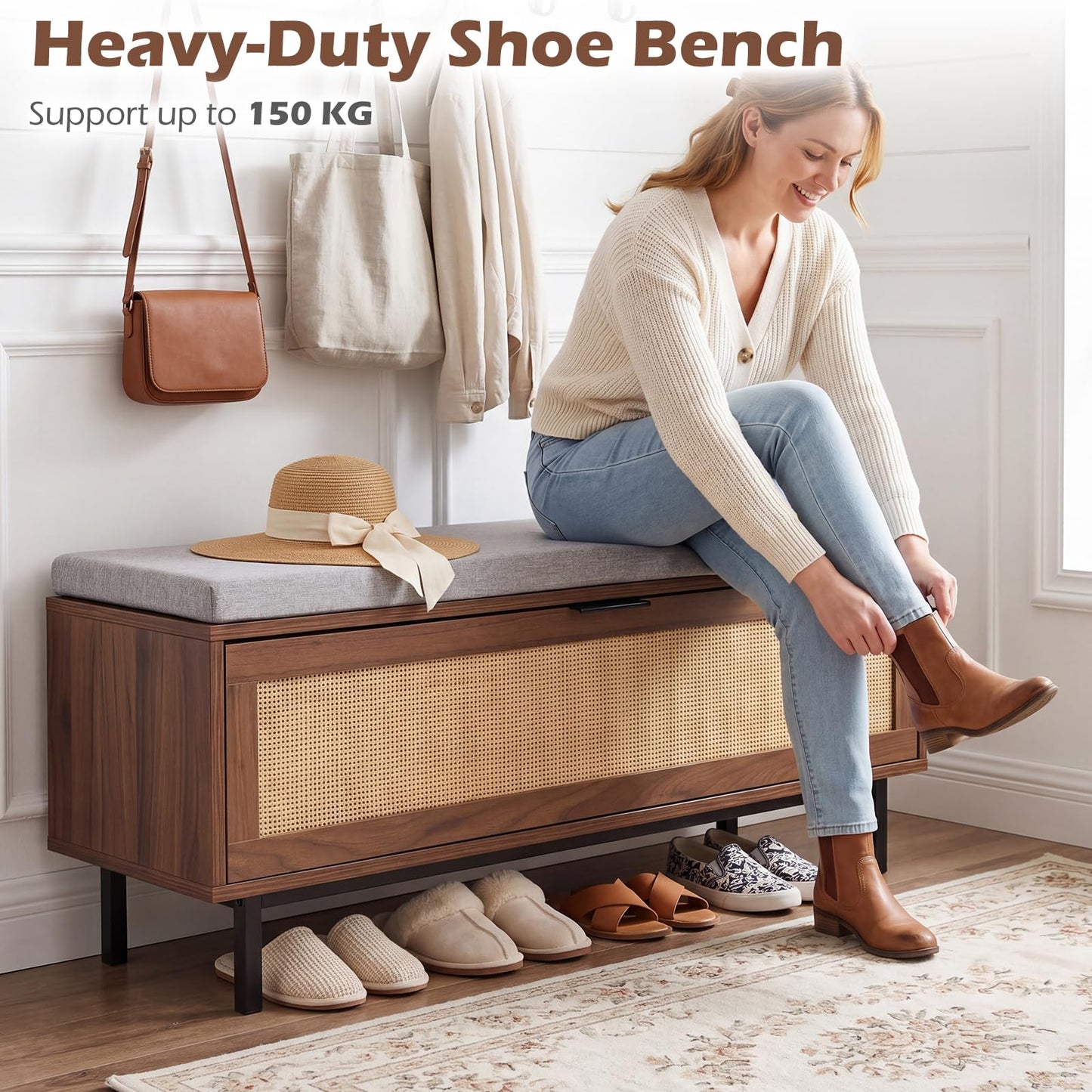 Shoe Storage Bench with Cushion and Flip-Down Rattan Door, Brow