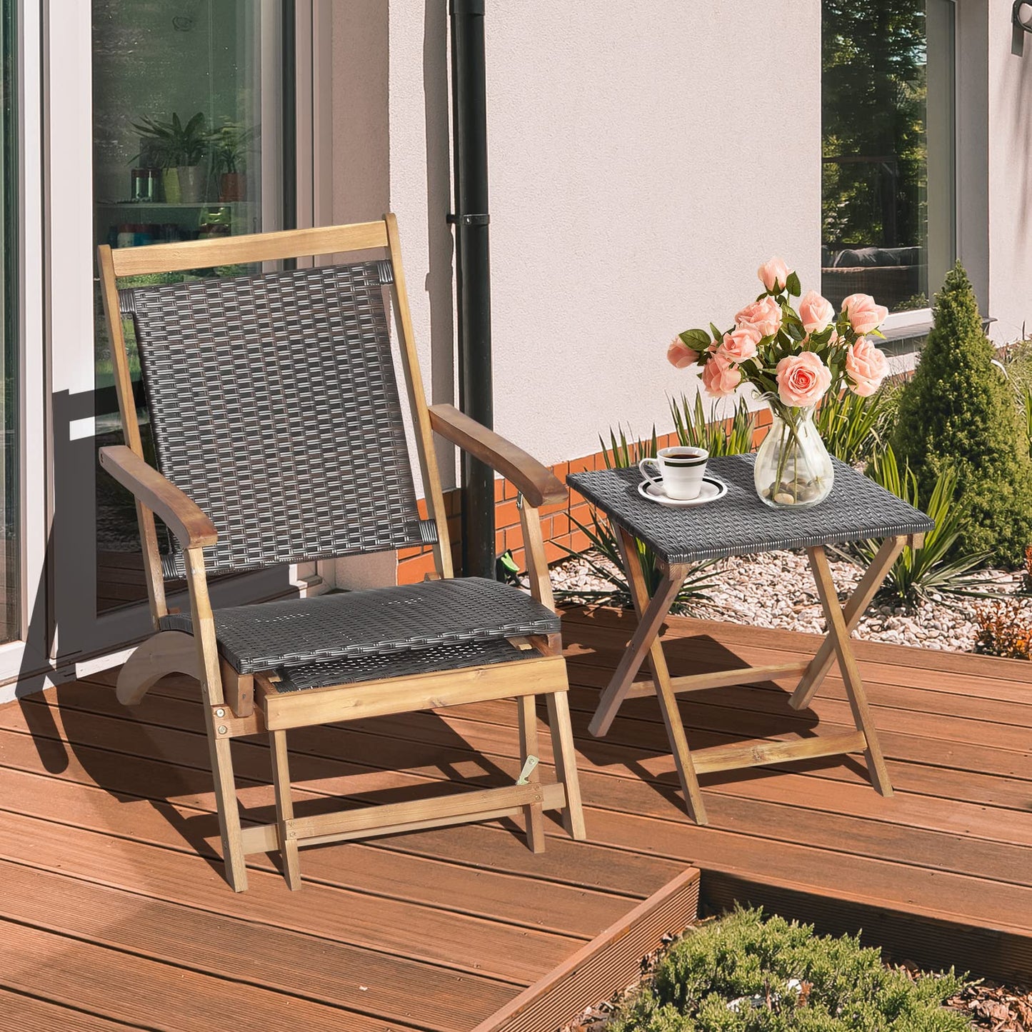 Folding Sun Lounger with Retractable Footrest & Wicker Side Table