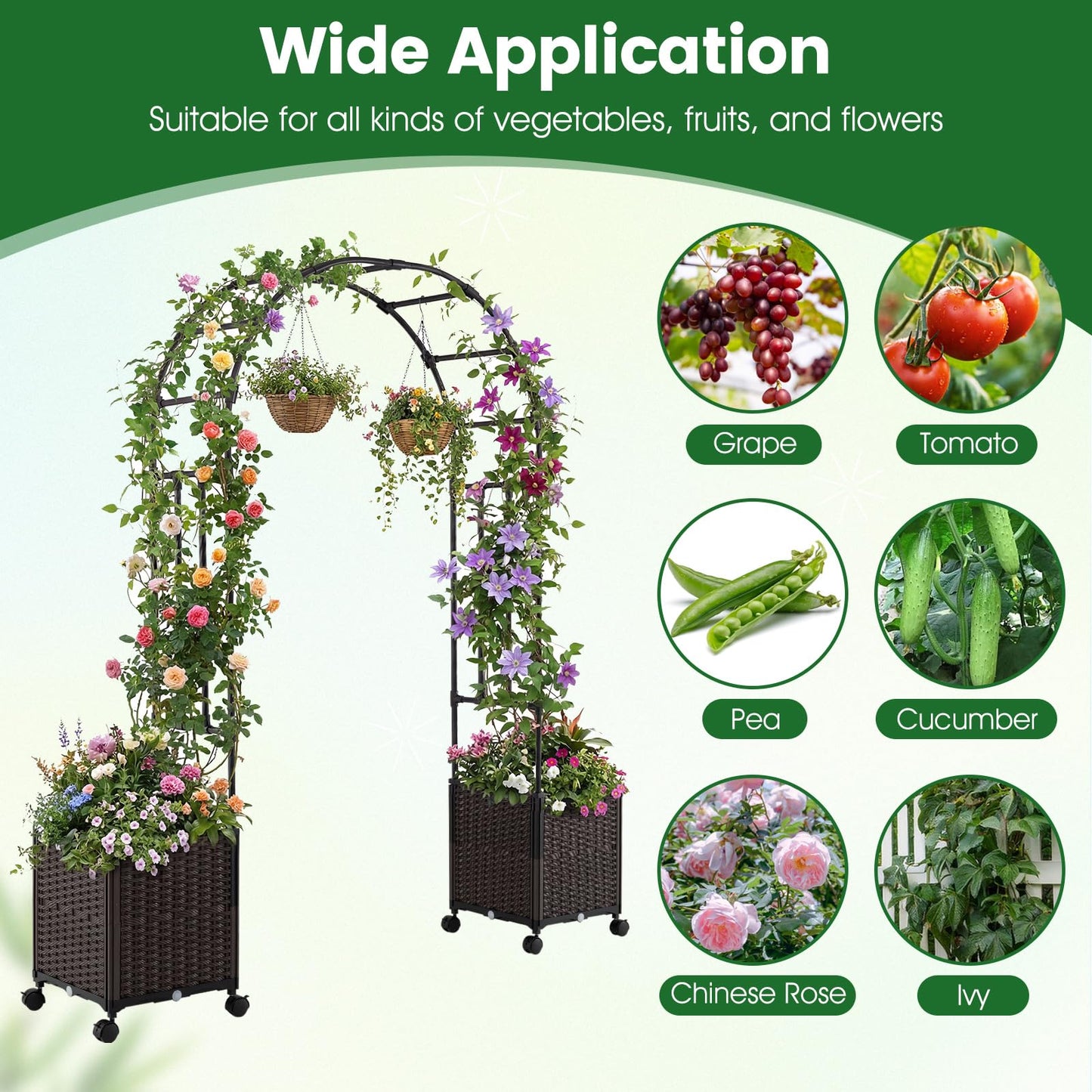 Garden Arch with Planter Box, 2M Metal Pergola Arbor Trellis with Self-Watering System