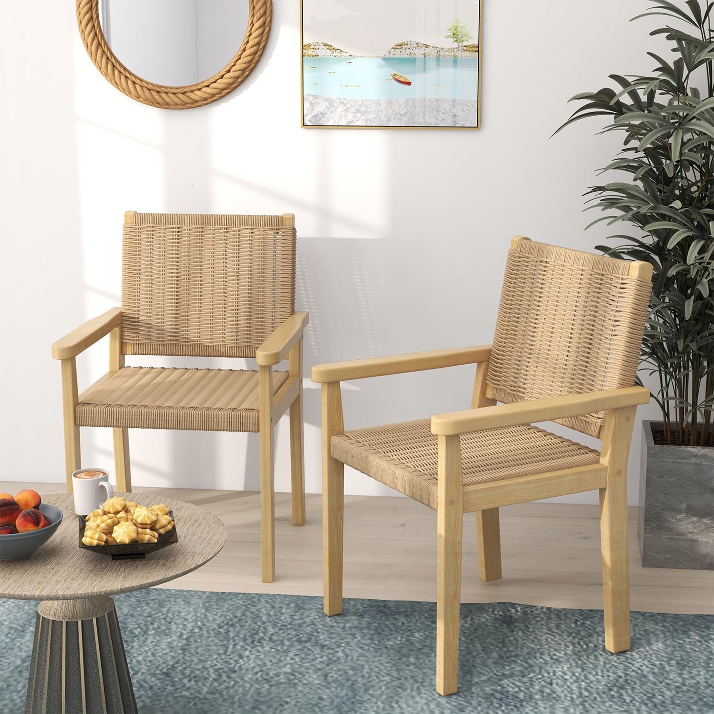 Wood Chair Set of 2 with Paper Rope Woven Seat
