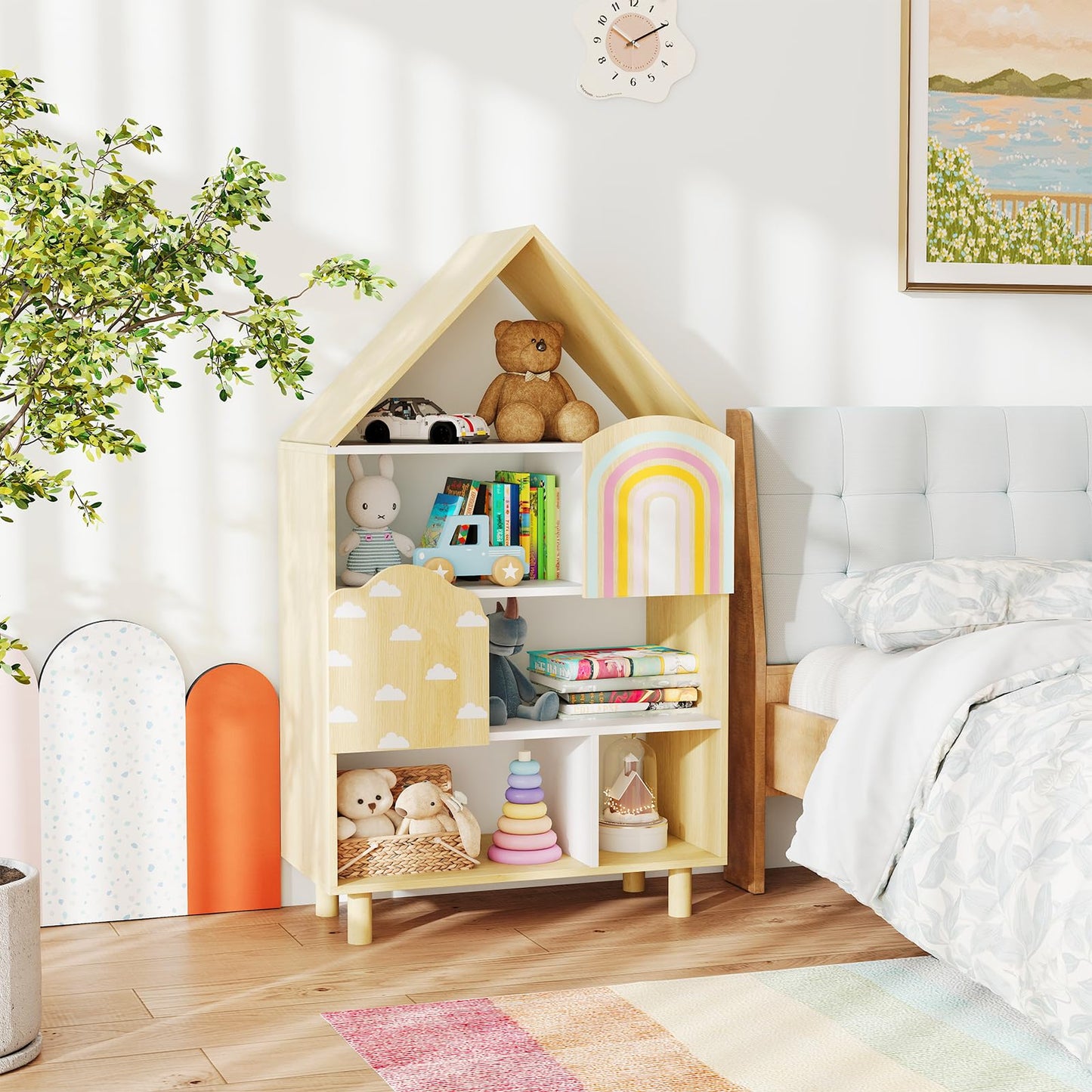 Kids Dollhouse Bookshelf with 2 Doors for Playroom Bedroom