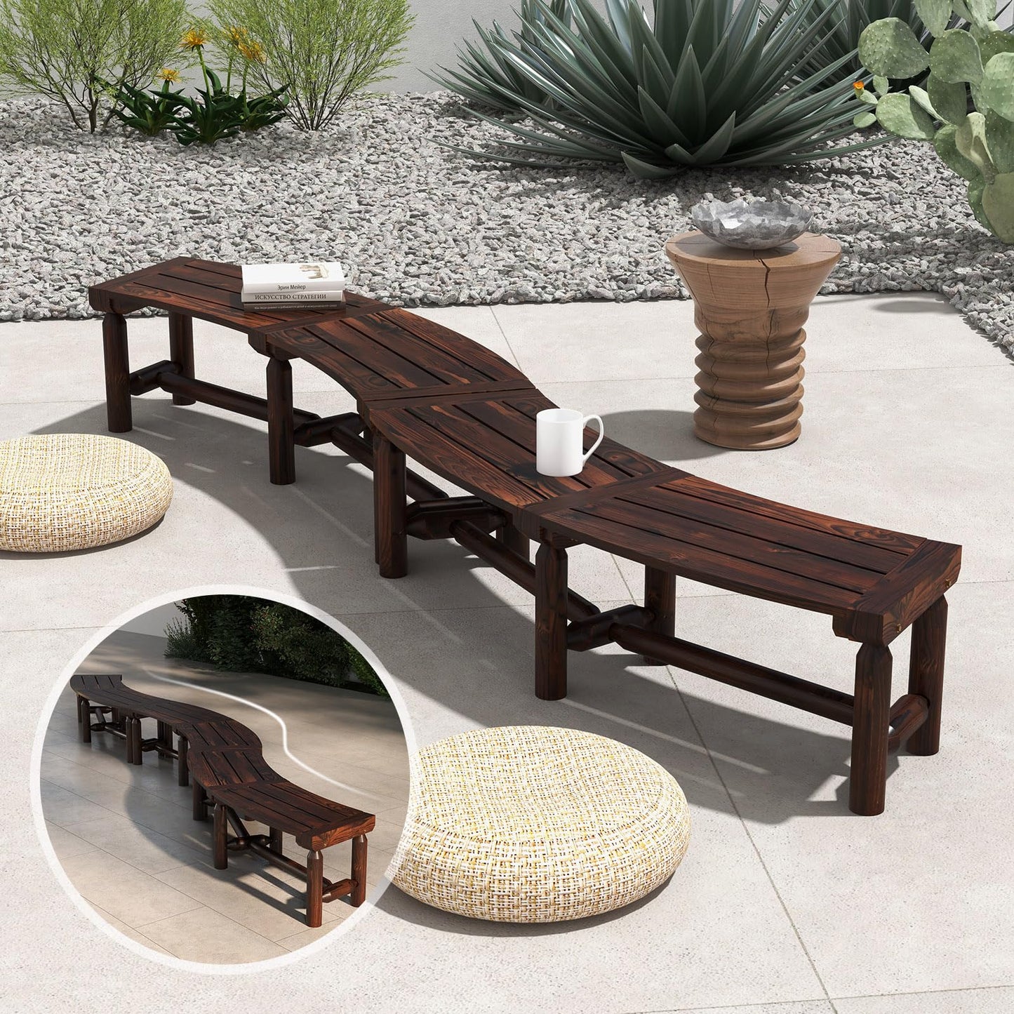 All-Weather Curved Shape Carbonized Wood Patio Loveseat with Slatted Seat