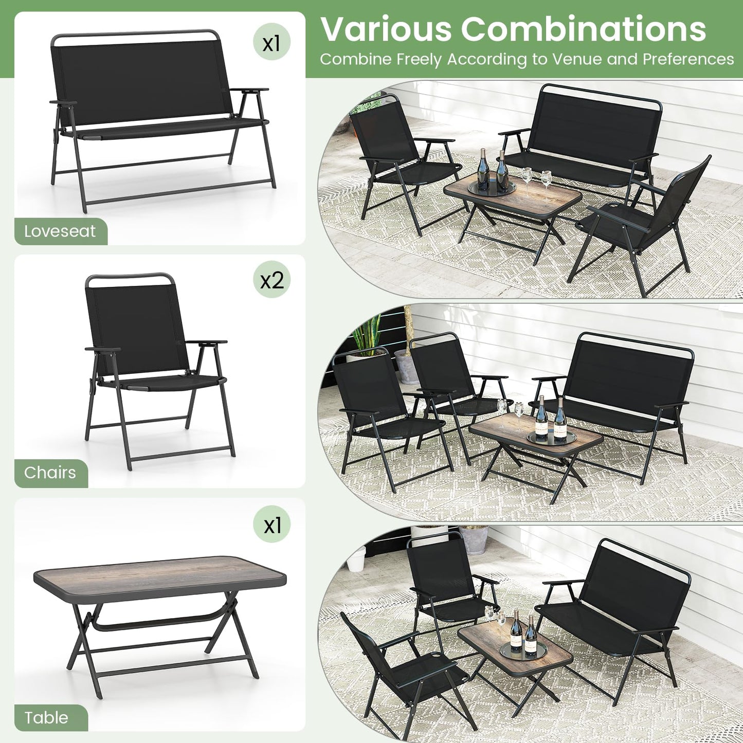 4-Piece Folding Patio Conversation Set with Coffee Table