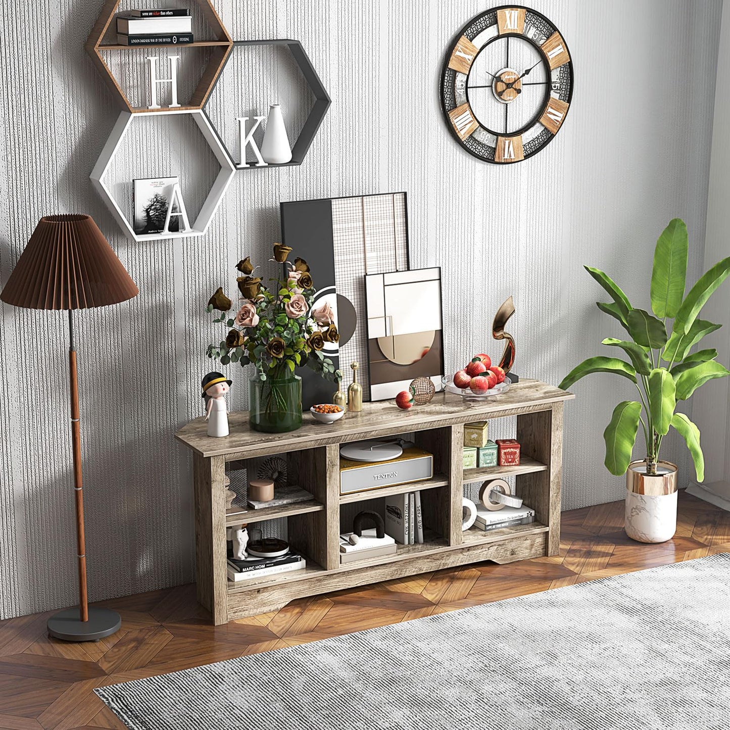 147cm TV Stand for TVs up to 65 Inches with 6 Open Storage Shelves