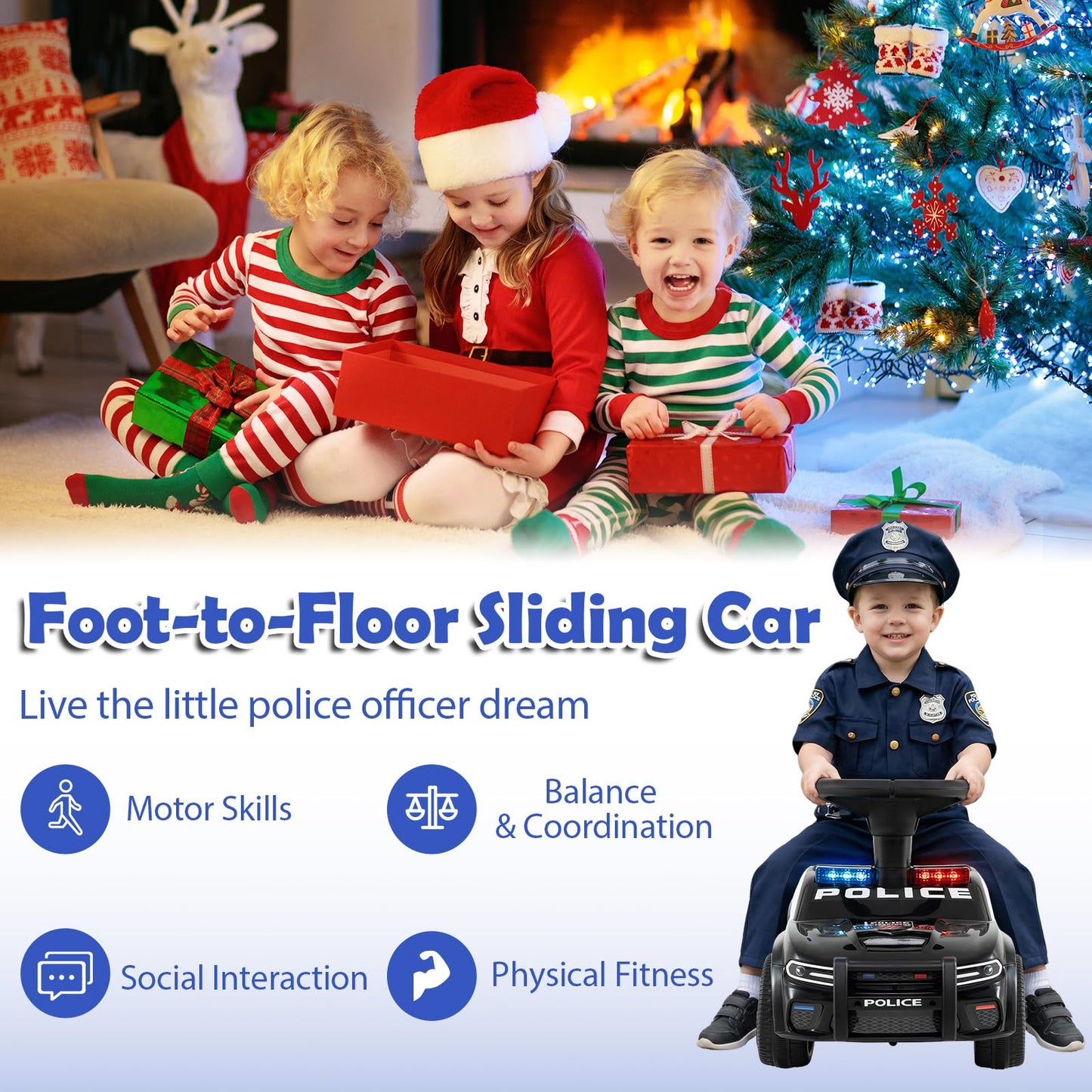 Police Kids Push Ride on Car with Steering Wheel and Siren Sounds for Kids Aged 18M+
