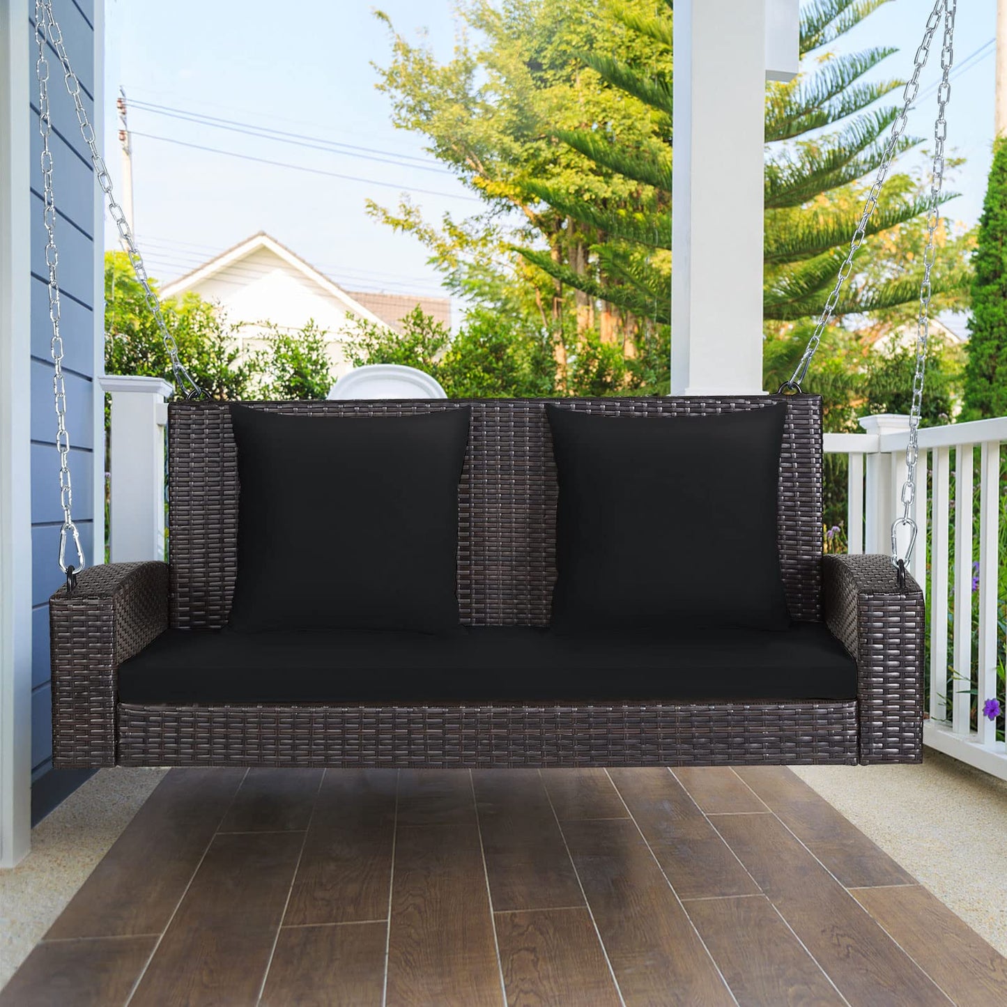 2-Seat Patio Rattan Porch Swing with Two Solid Steel Chains