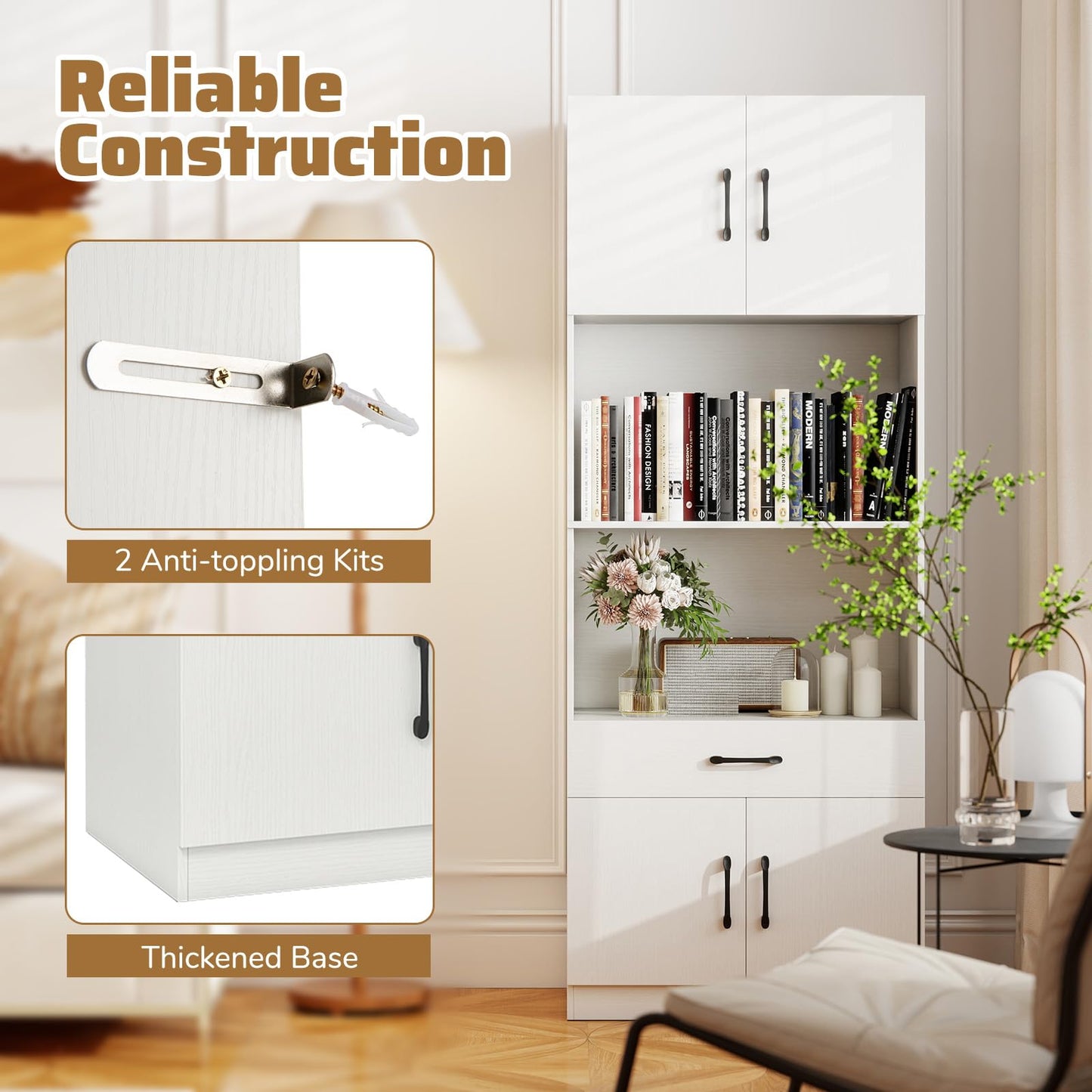 Kitchen Pantry Cabinet with Charging Station 168 cm Tall Cupboard with 4 Doors and 2 Adjustable Shelves