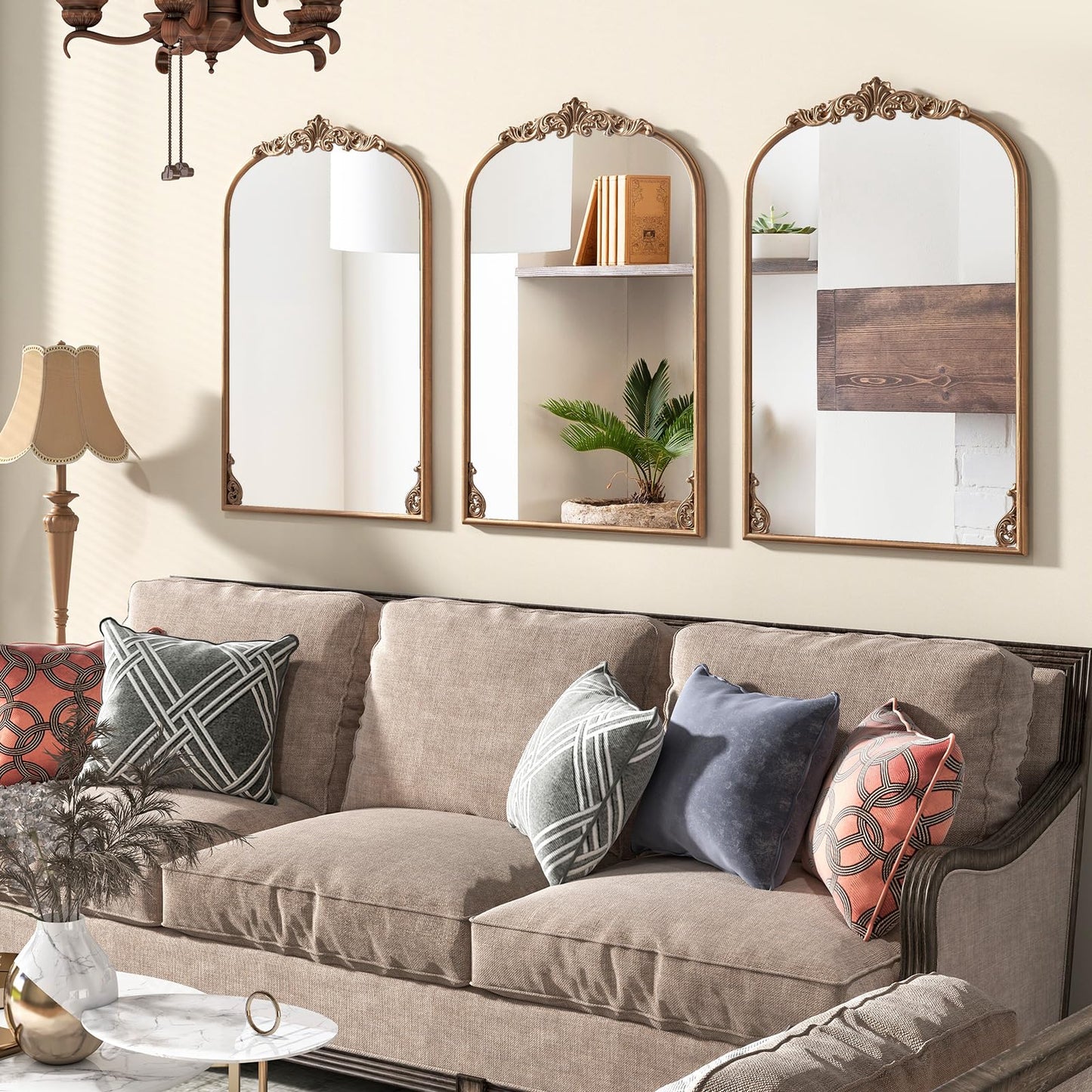 Vintage Ornate Baroque Arched Mirror with Hanging Hooks