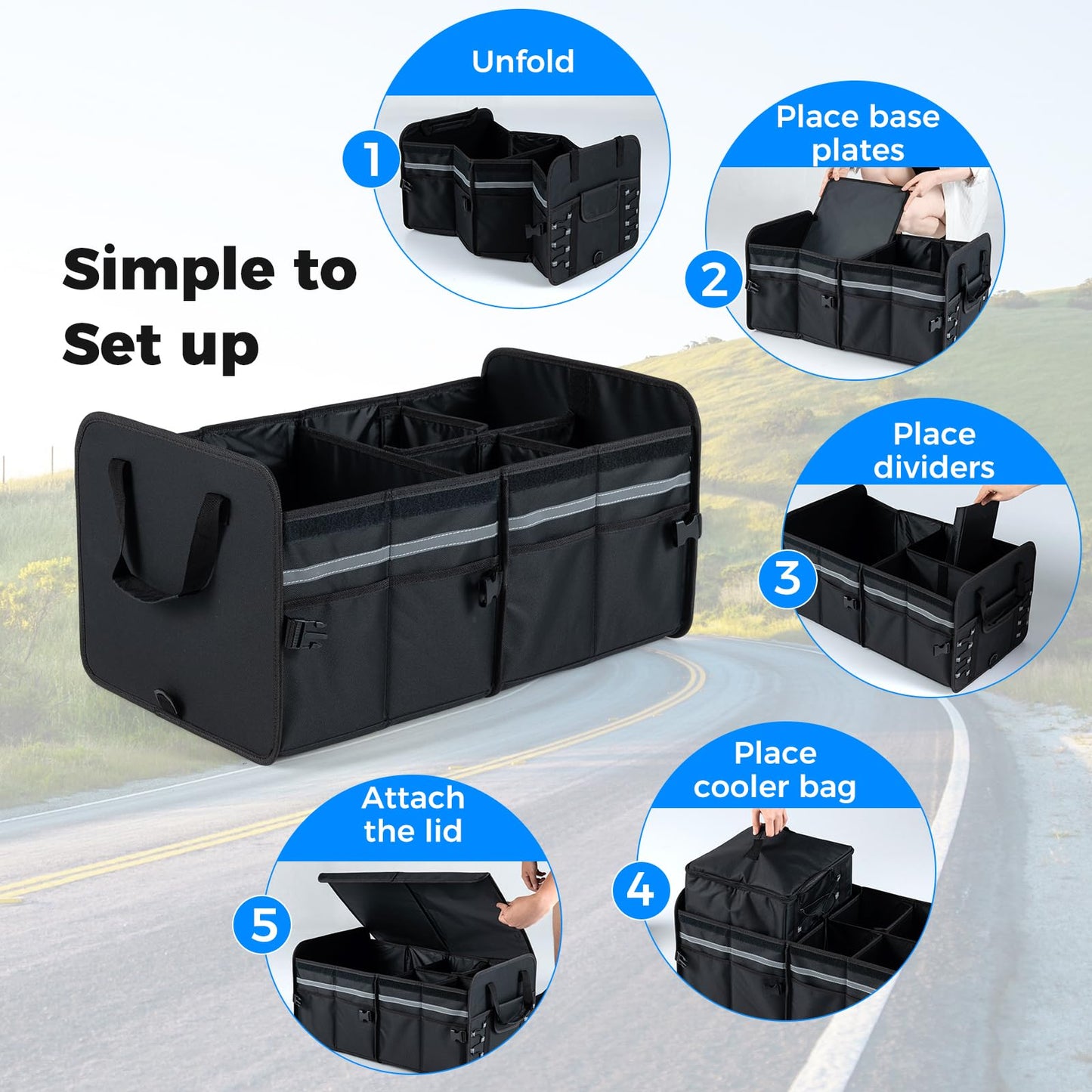 Car Trunk Organizer with Leakproof Cooler Bag and Adjustable Securing Straps