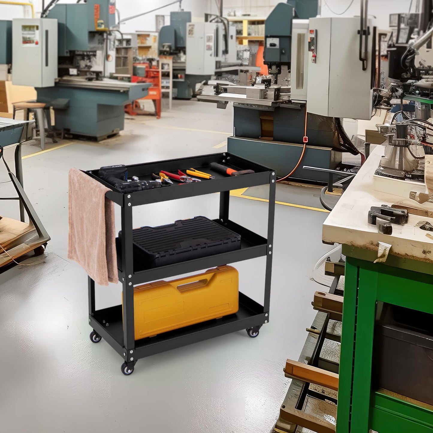 3-Tier Rolling Tool Cart with 4 Universal Wheels with 2 Brakes