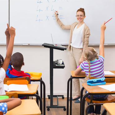 3-Position Height Adjustable Rolling Podium Stand with Tilted Tabletop