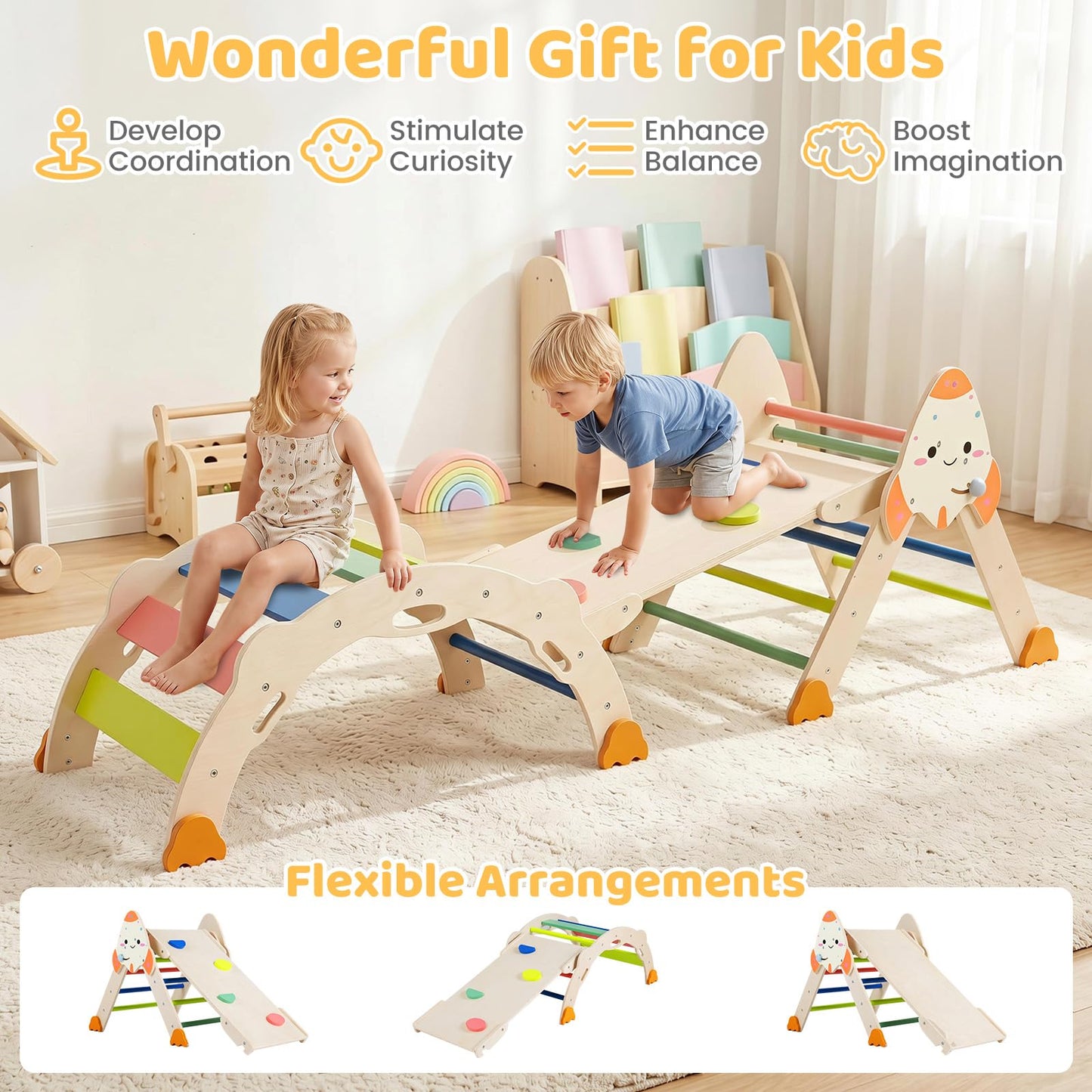 Toddler Climbing Frame, 8-in-1 Wooden Kids Climber with Arch