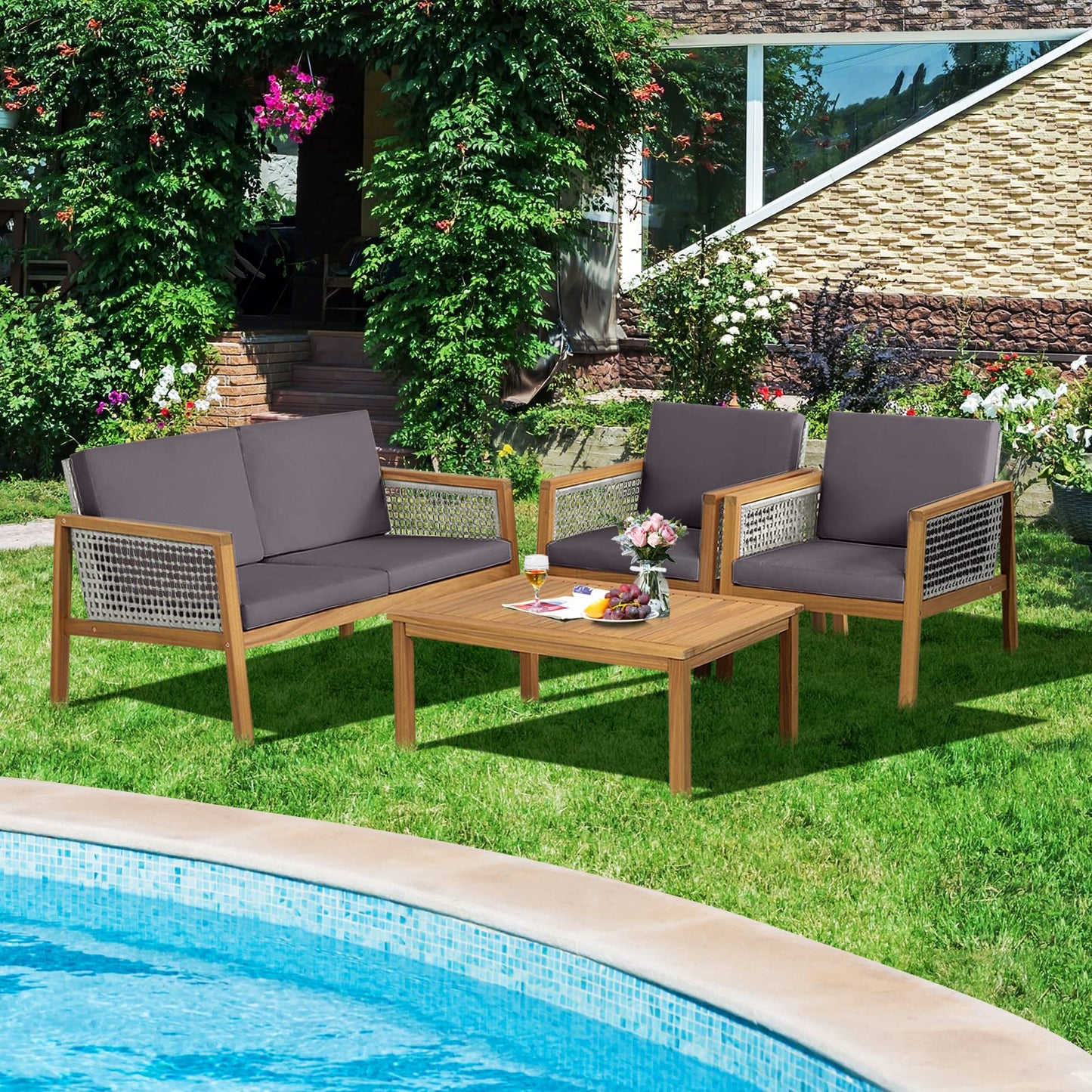 Acacia Wood Rattan Patio Conversation Set with Loveseat