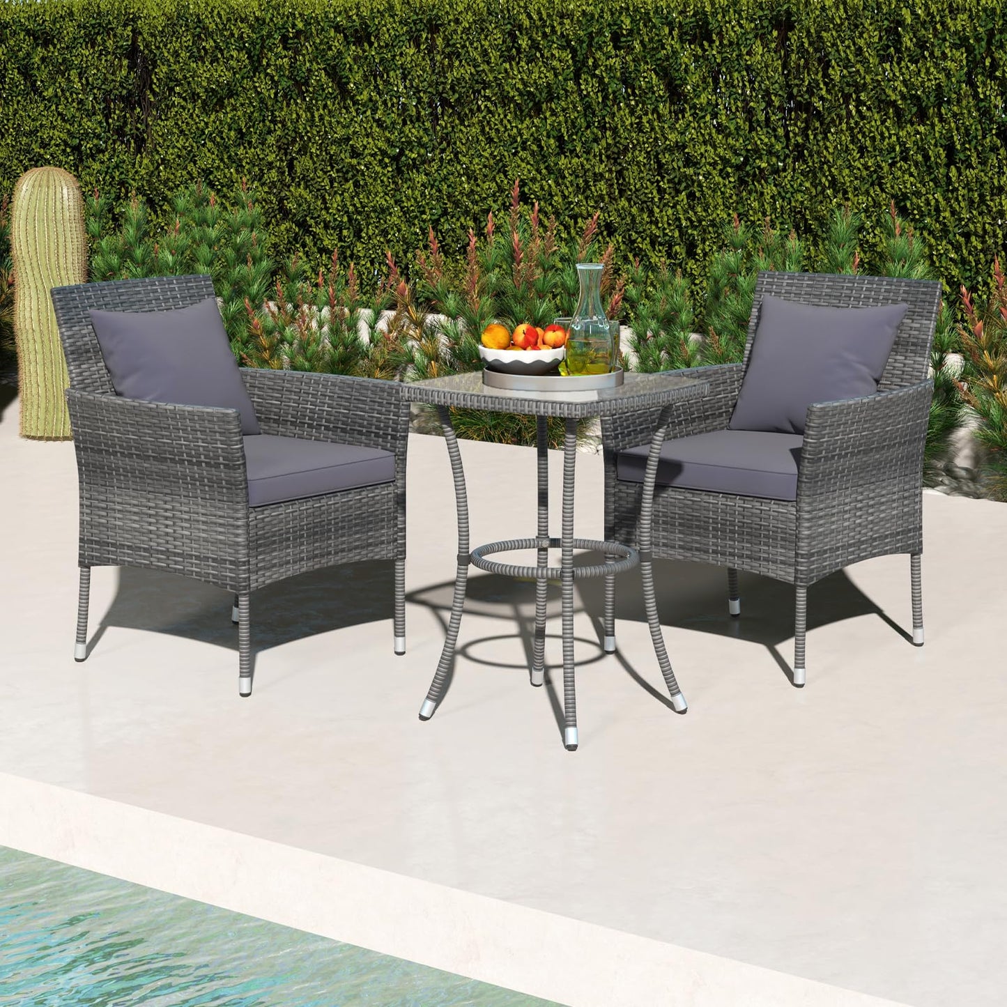 3-Piece PE Rattan Furniture Set with 2 Cushioned Chairs and Tempered Glass Table