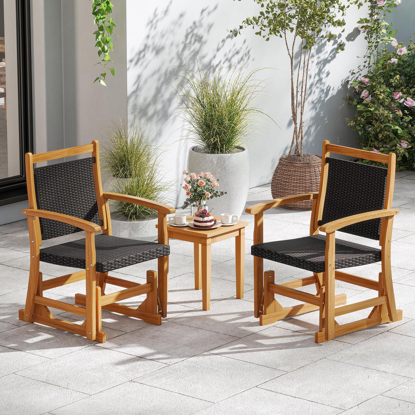 Patio Rattan Glider Chair Swing Gliding Rocker with Acacia Wood Frame