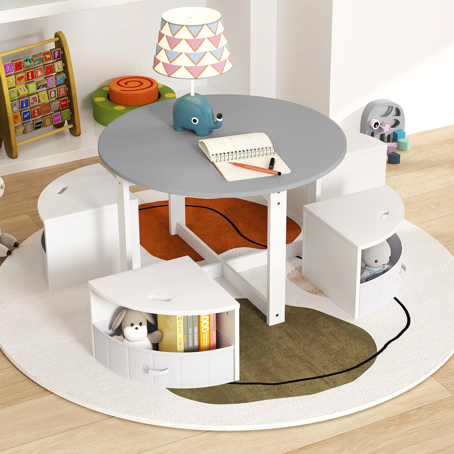 5 Piece Kids Table and Chair Set Round for 4 with 4 Fabric Drawers