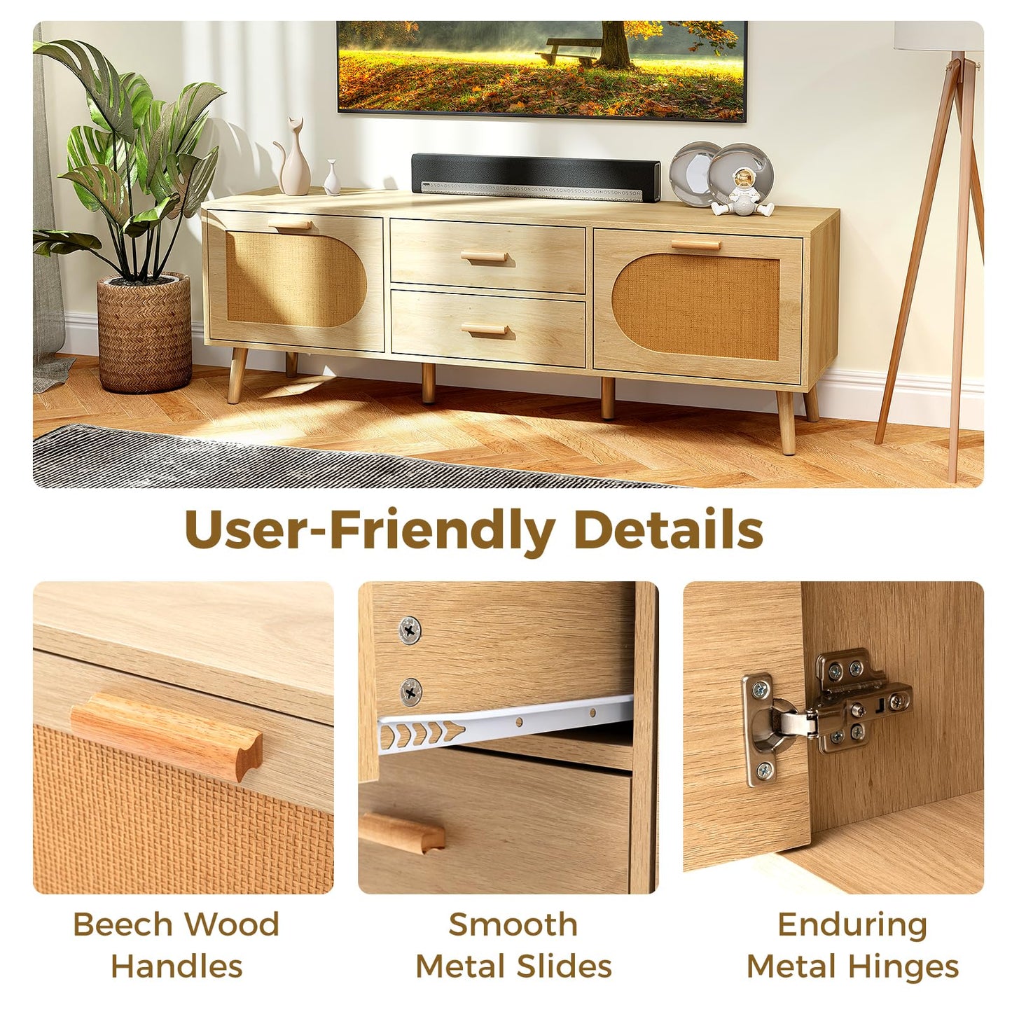 150cm TV Cabinet Media Entertainment Center with Rattan Doors and Storage Drawers