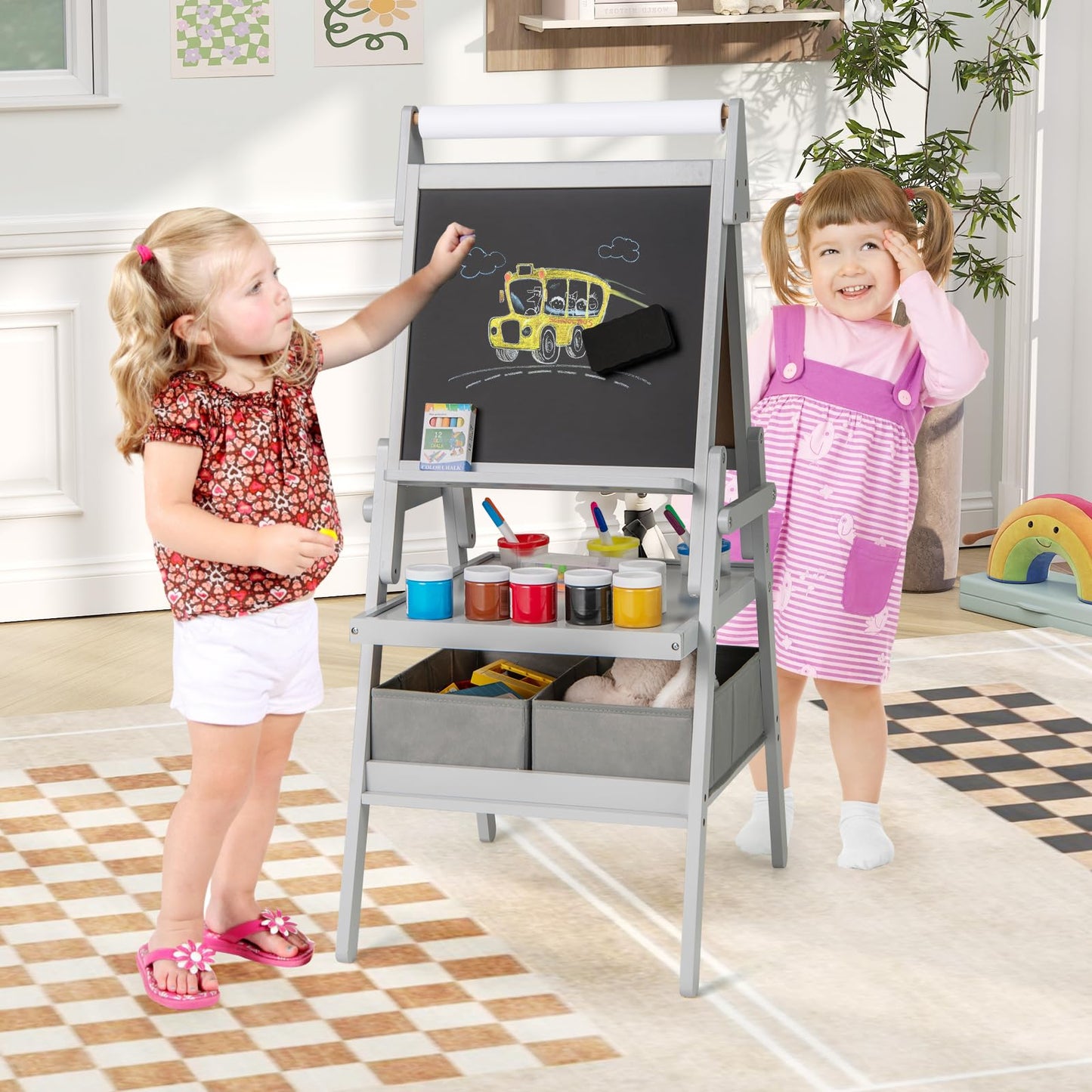 Double sided Kids Easel with Magnetic Whiteboard and Chalkboard