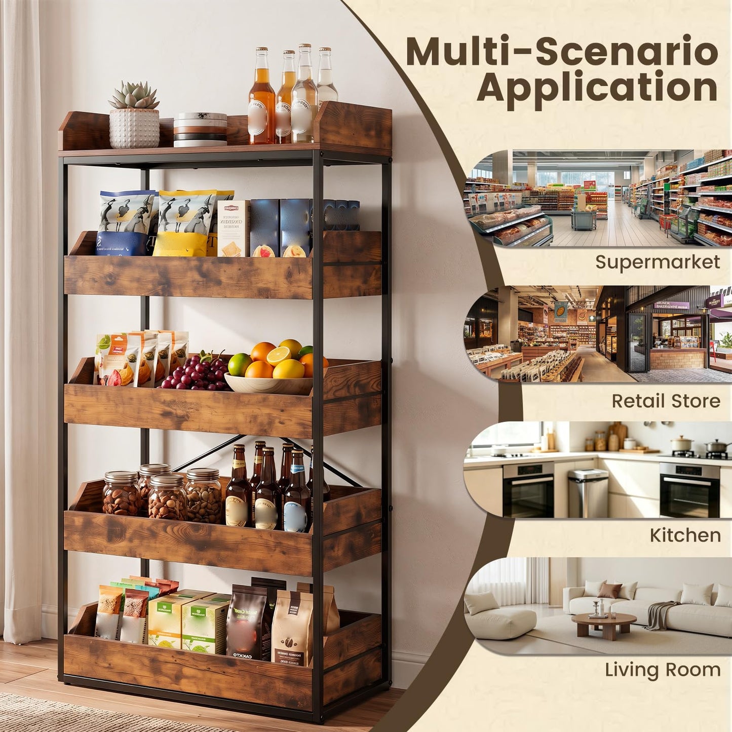 5-Tier Food Storage Rack Retail Snack Display Shelf with 4 Pull-out Drawers