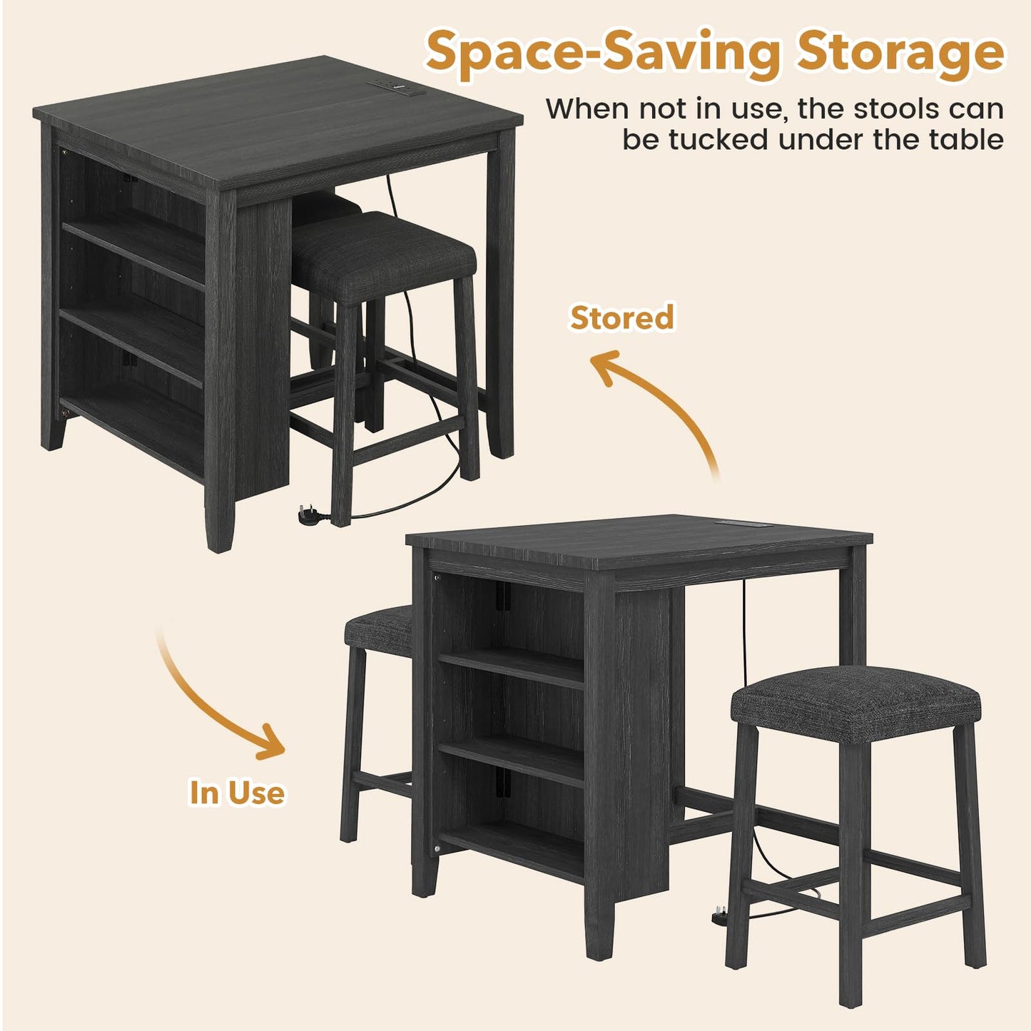 3 Piece Bar Table Set with Power Outlet, Dining Table