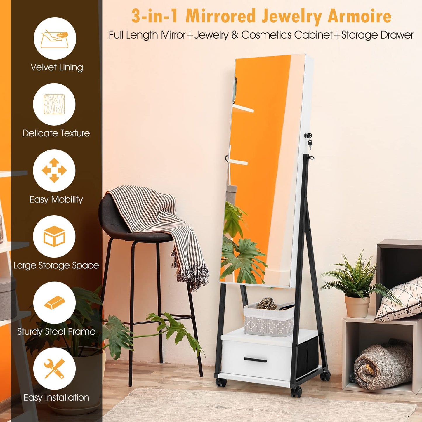 Mobile Standing Lockable Jewelry Cabinet with Full Length Mirror