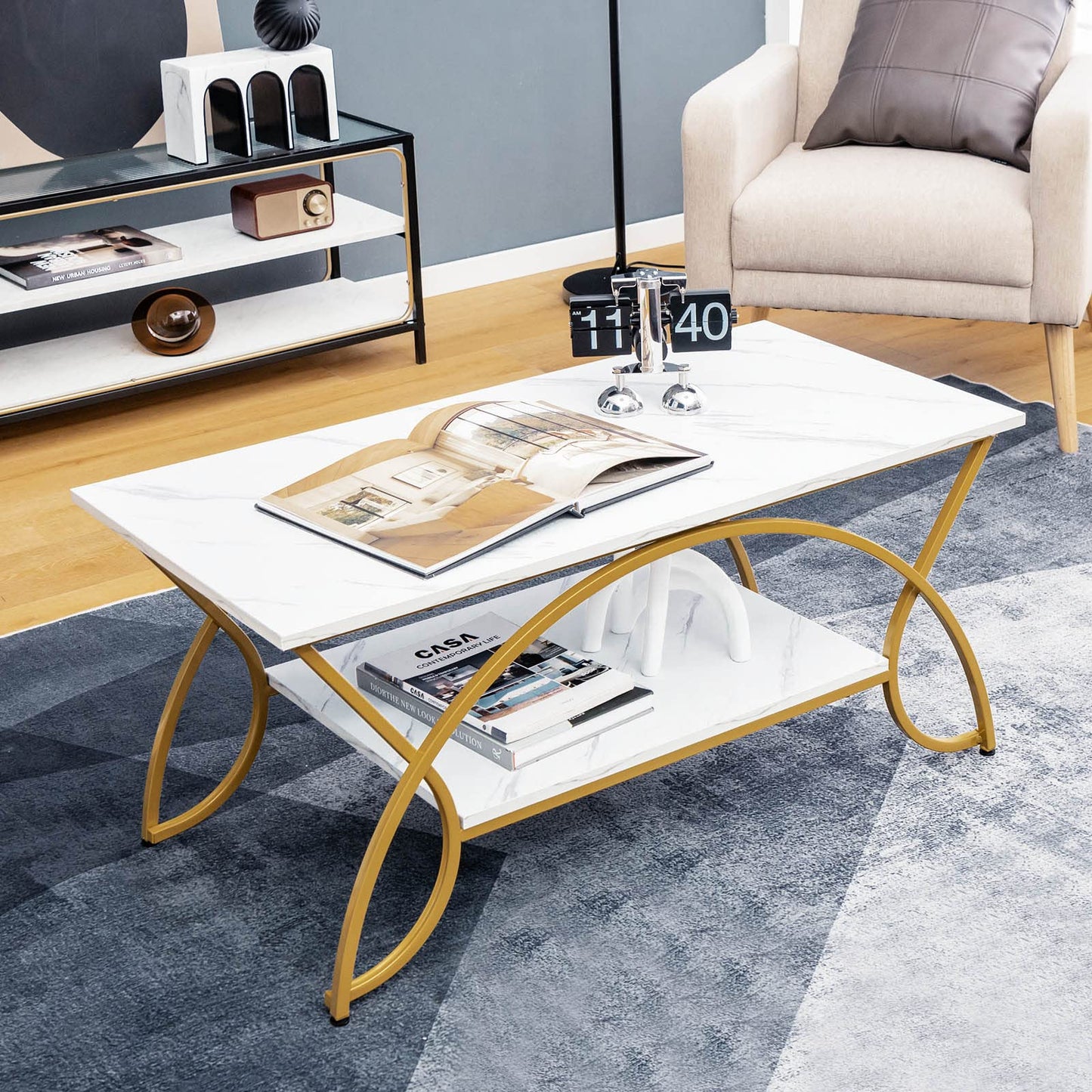 2 Tier Coffee Table with Storage Shelf for Living Room