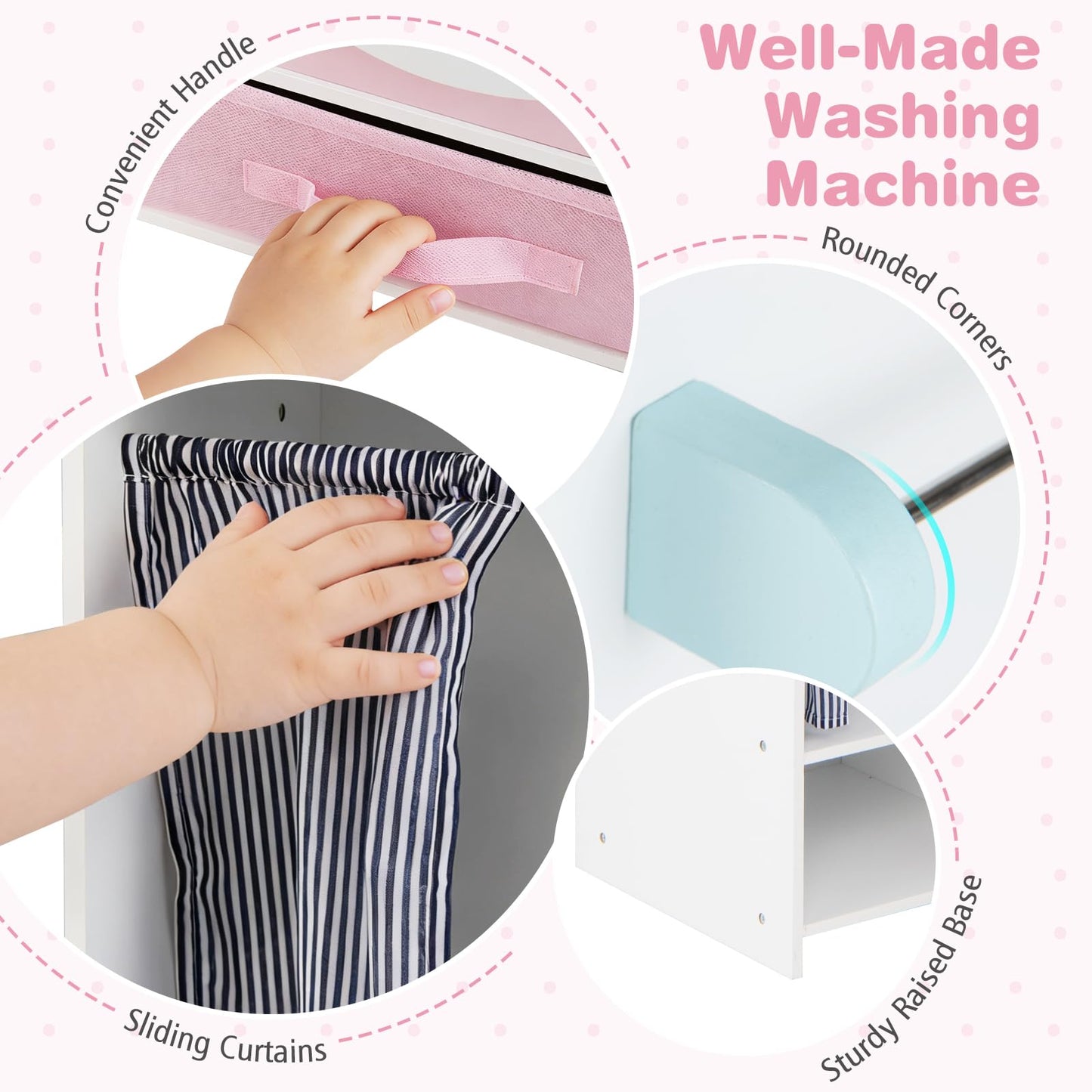 Wooden Kids Laundry Playset Pretend Toy Washing Machine with Laundry Detergent Bottle