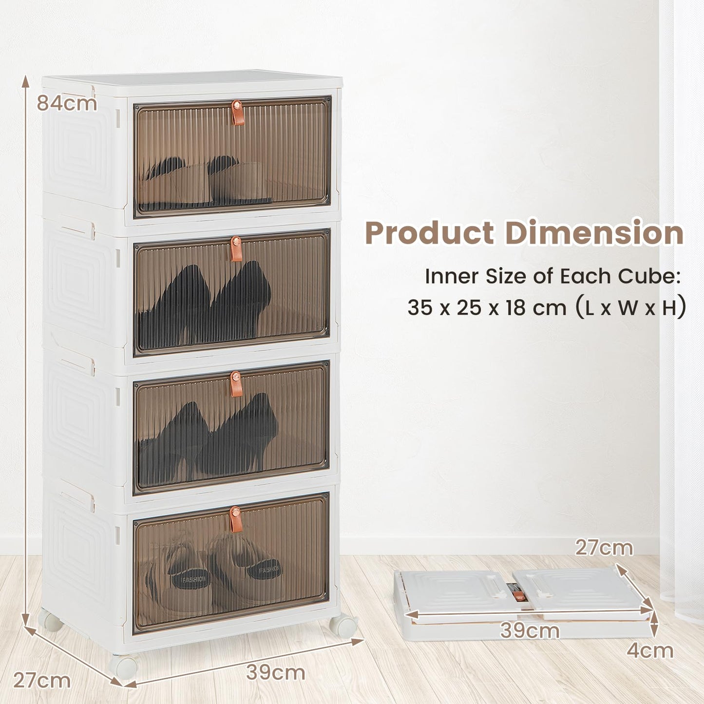 4-Tier Stackable Shoe Storage Box with Lockable Wheels