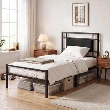 3ft Single Bed Frame, Metal Platform Bed Base with Upholstered Headboard and Underbed Storage