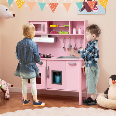 Wooden Kids Play Kitchen Set with Microwave Stoves Oven