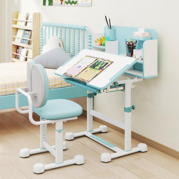 Kid's Study Desk and Chair Set with Tilt Desktop and Footrest Bar
