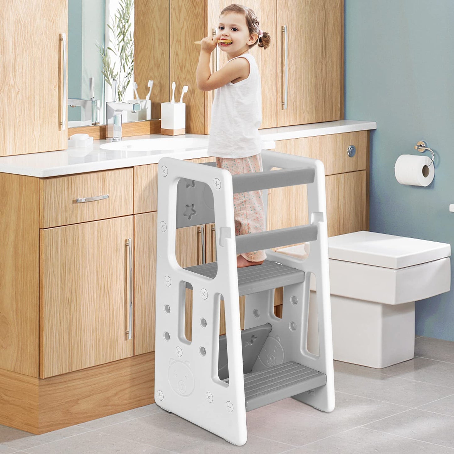 Height Adjustable Toddlers Kitchen Helper Stand with Double Safety Rails
