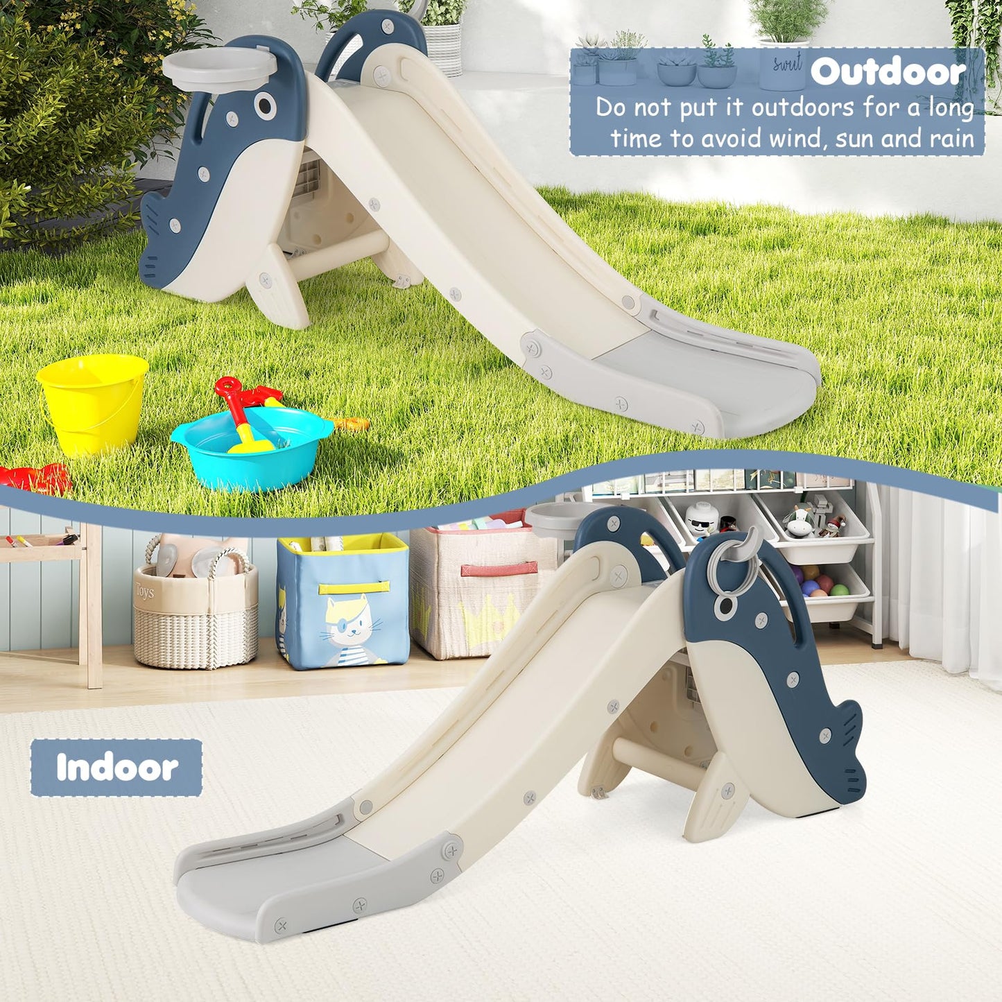 4-in-1 Toddler Slide with Basketball Hoop and Space-saving Folding Design