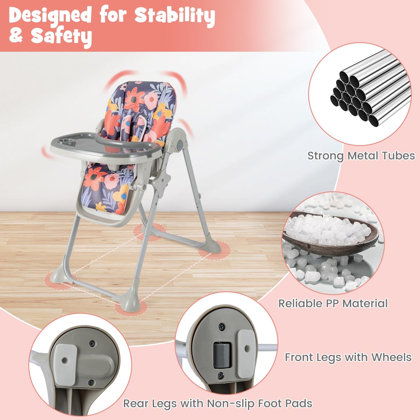 Height Adjustable Feeding High Chairs with Removable Tray