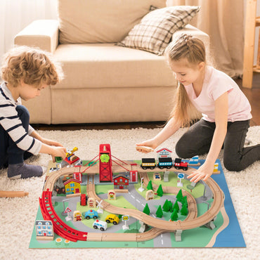 Wooden Train Set Table with 2 Reversible Tabletops and 3 Fabric Drawers