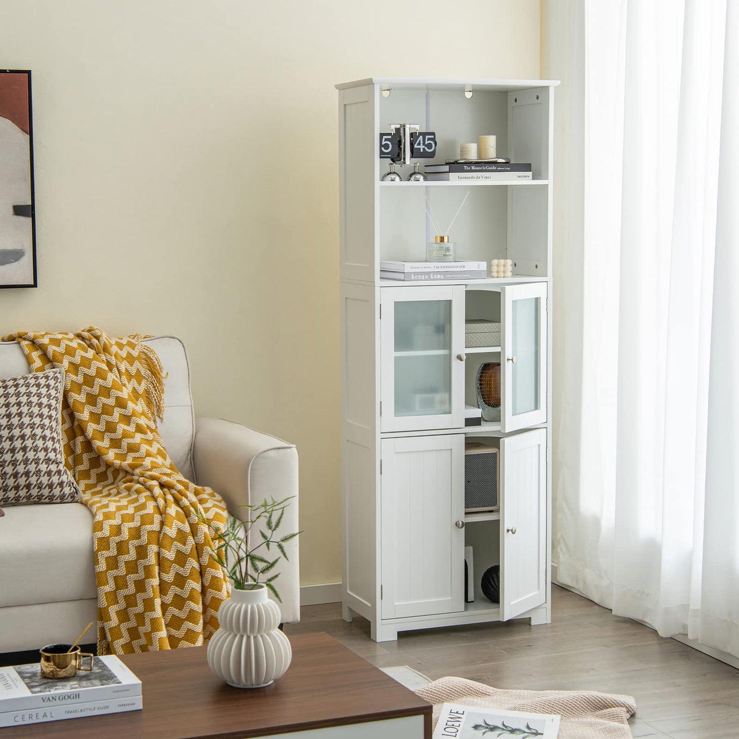Freestanding Storage Cabinet with Tempered Glass Door and Open Shelves