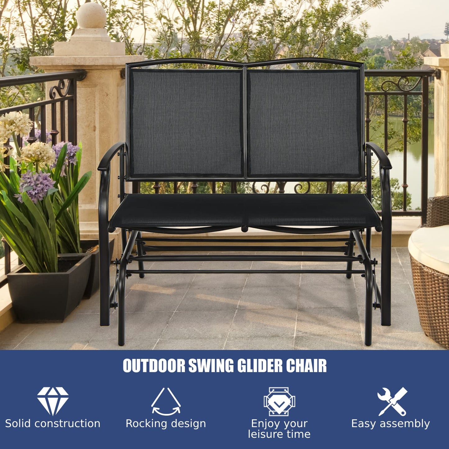 Patio Double Steel Frame Fabric Swing Gliding Chair Loveseat