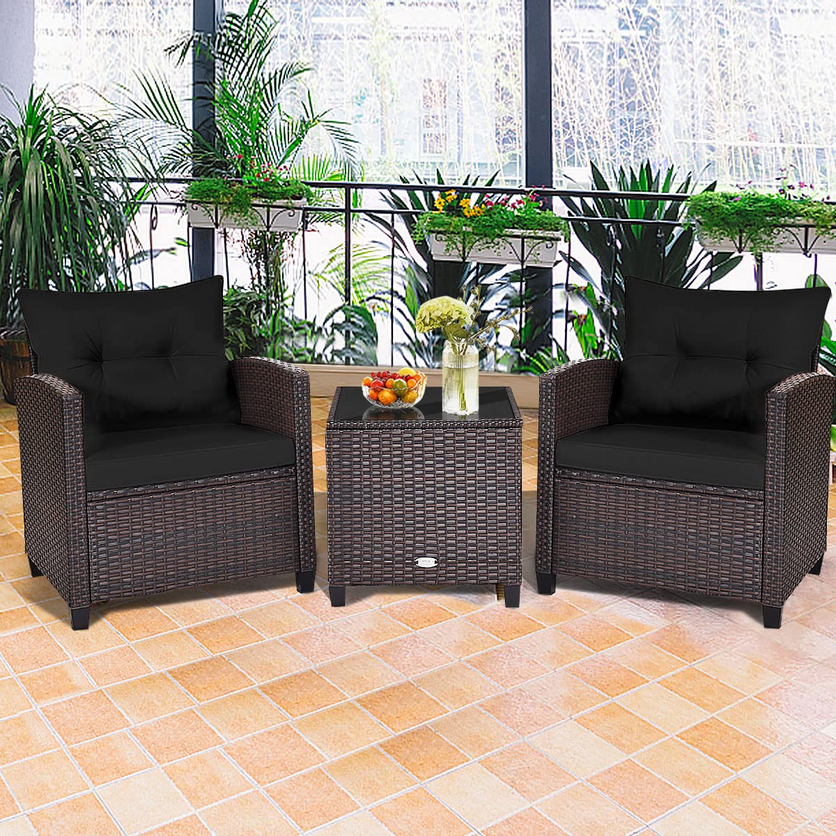 Metal Frame Garden Coffee Table and Sofa Chairs Set with Cushions