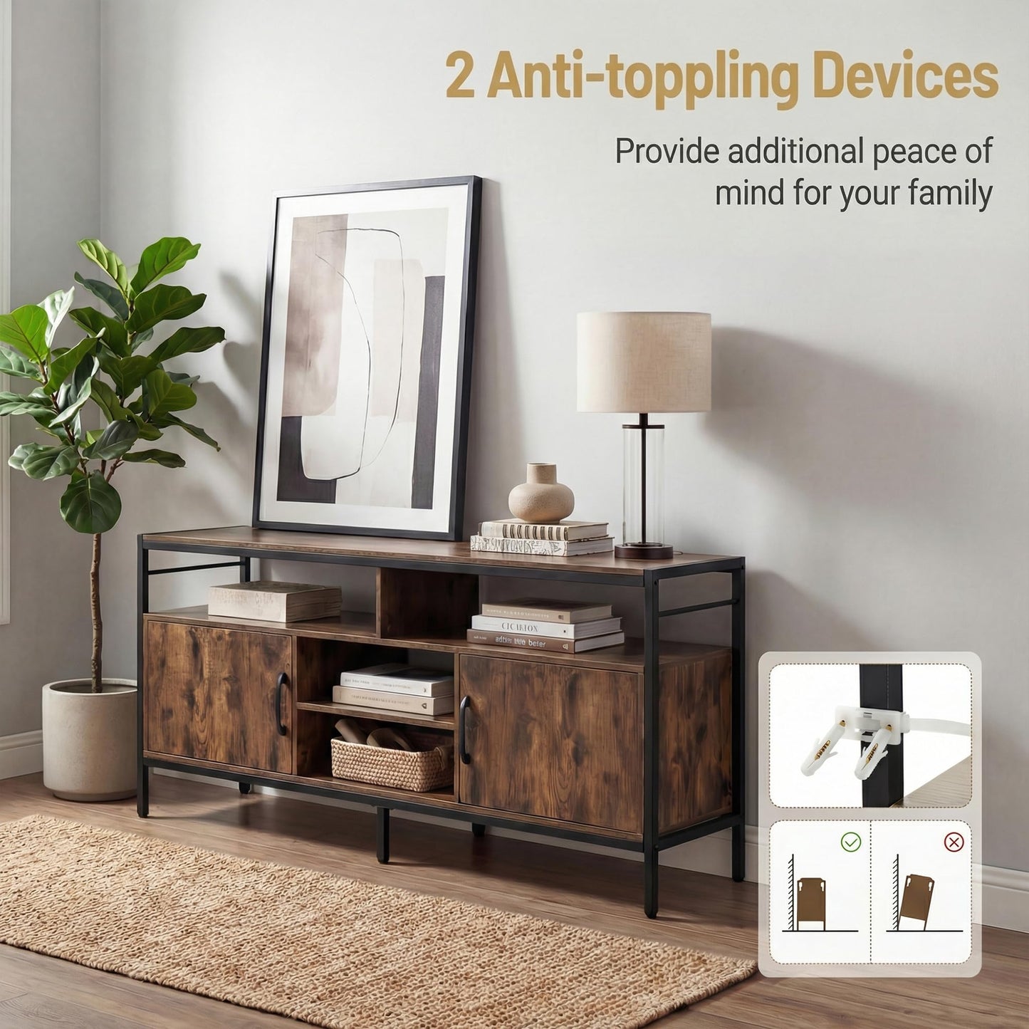 TV Stand Cabinet for TVs up to 65 Inches, 147cm Wooden Media Entertainment Center with 2 Storage Cabinets